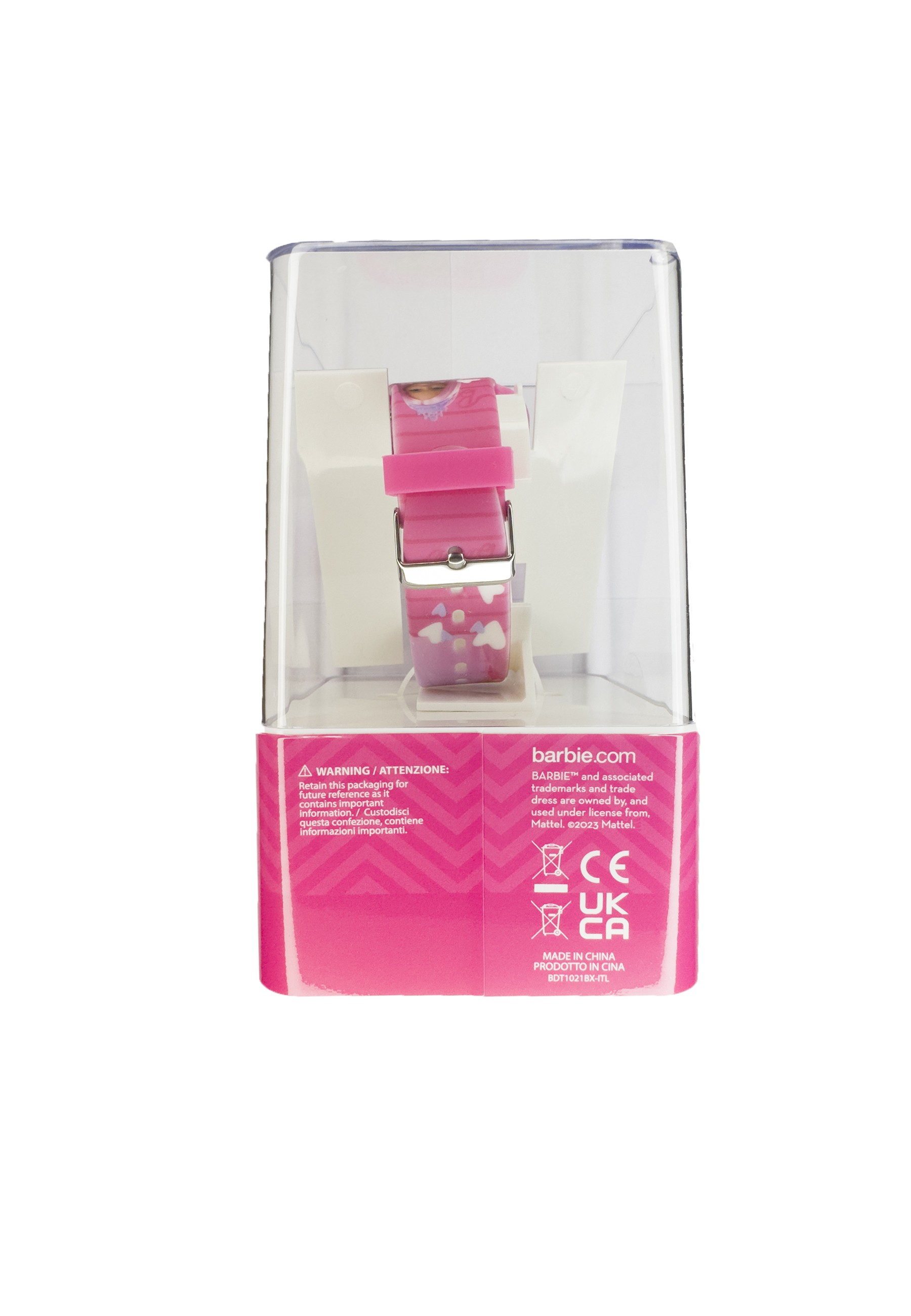 Montre Barbie rose dans un étui en plastique transparent, avec un fond rose et blanc.