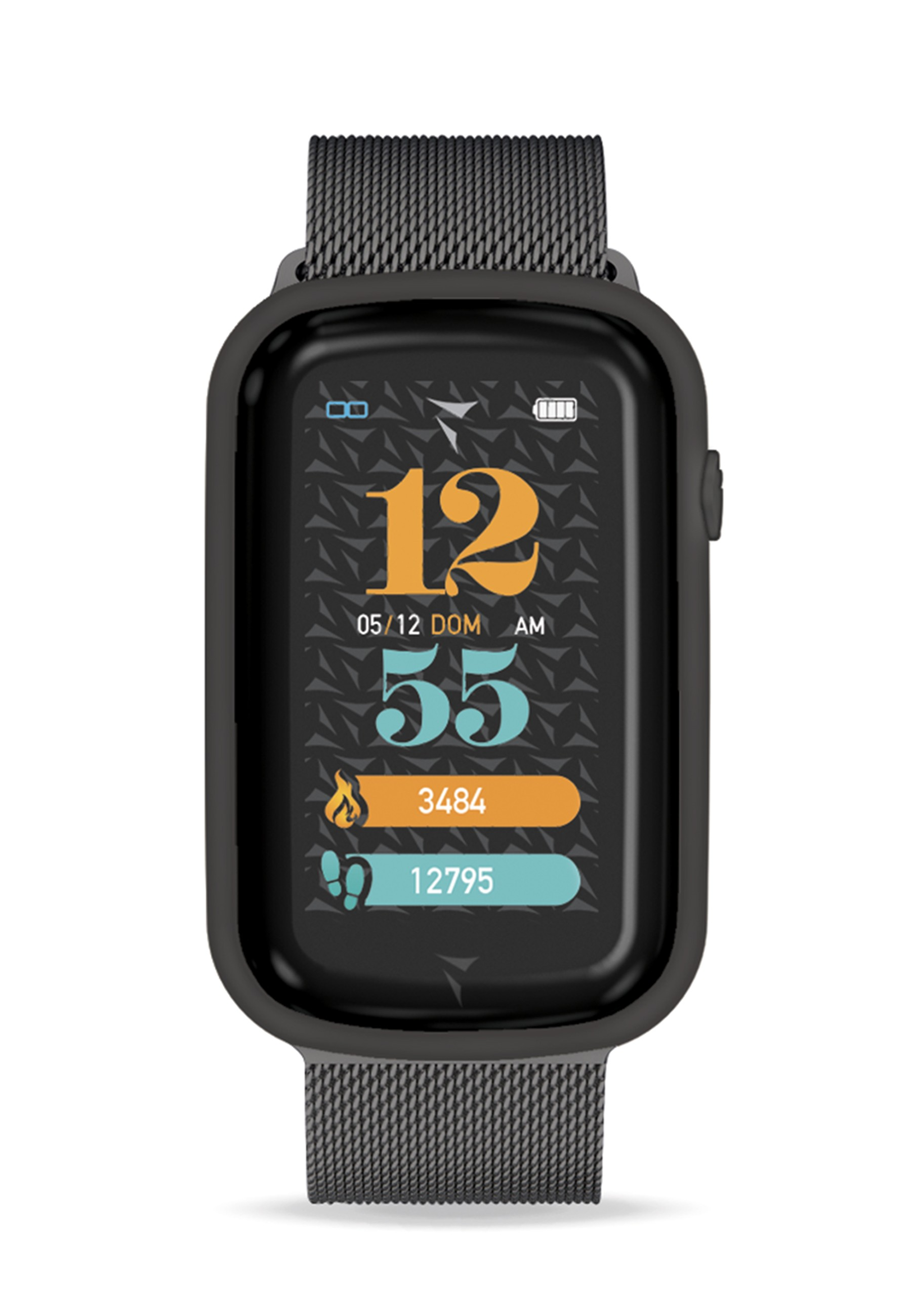 Montre connectée avec un cadran noir affichant l'heure, les pas et les calories.