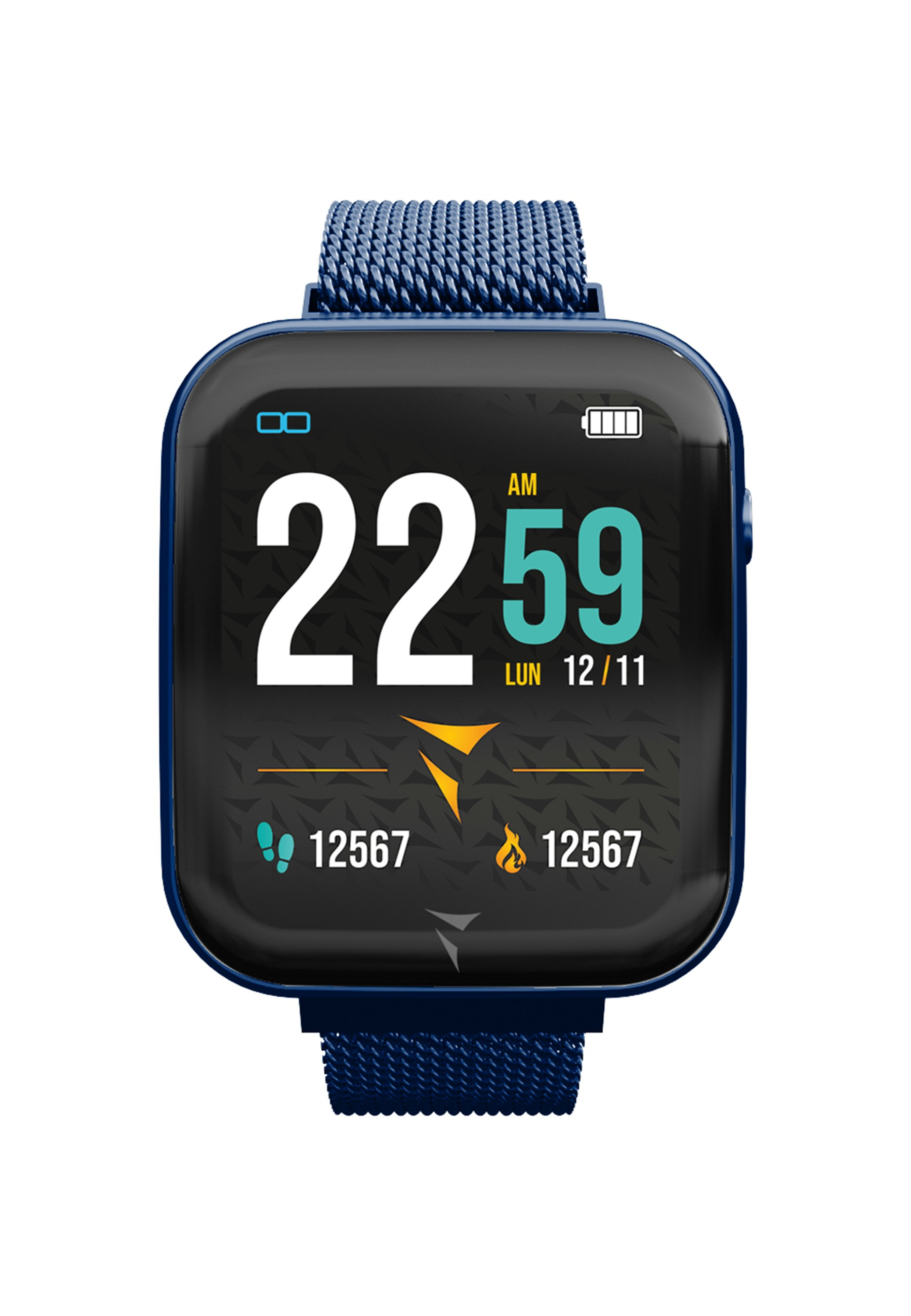 Blaue Smartwatch mit digitaler Anzeige, die Zeit und Aktivitätsmetriken anzeigt. Weißer Hintergrund.