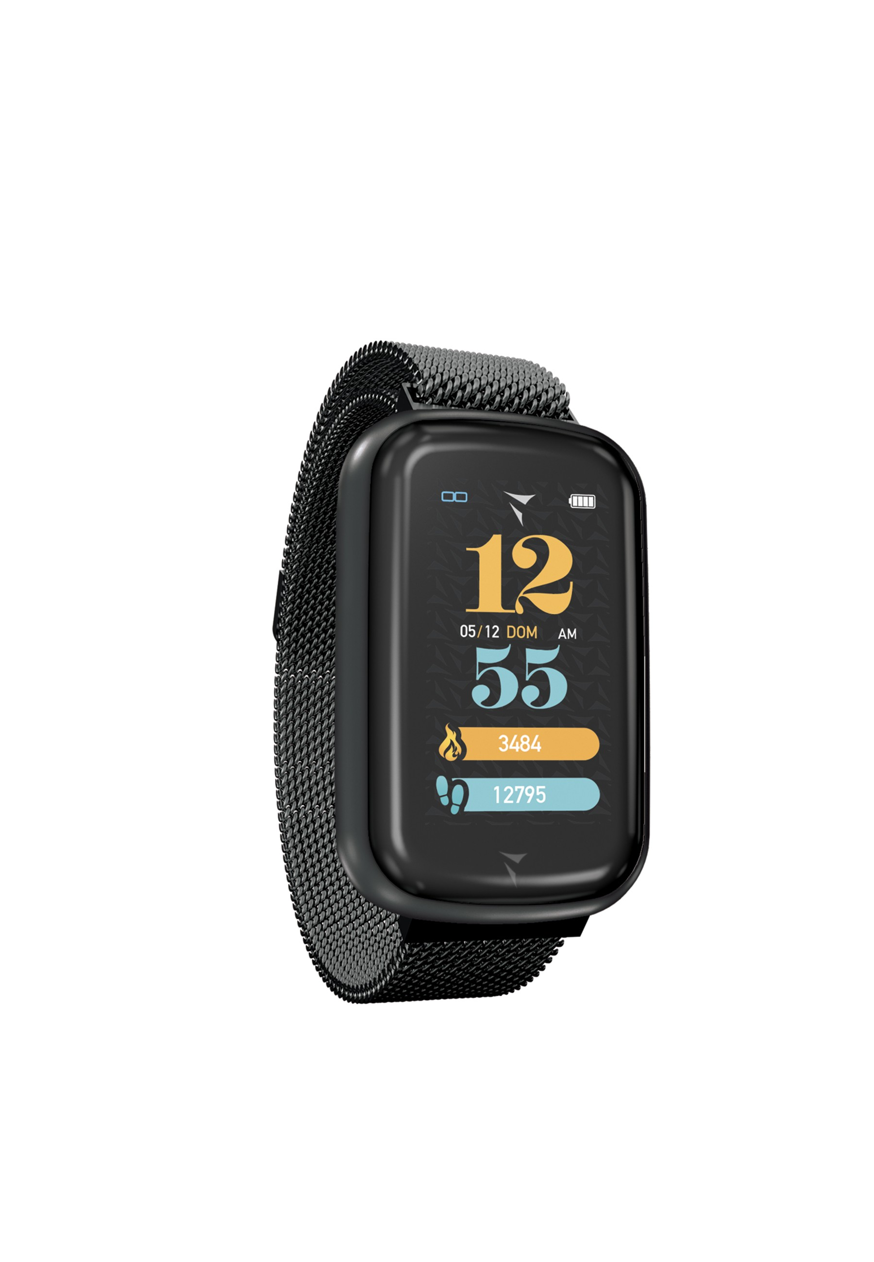 Une montre intelligente noire avec un bracelet métallique, affichant l'heure et les données de fitness, sur fond blanc.