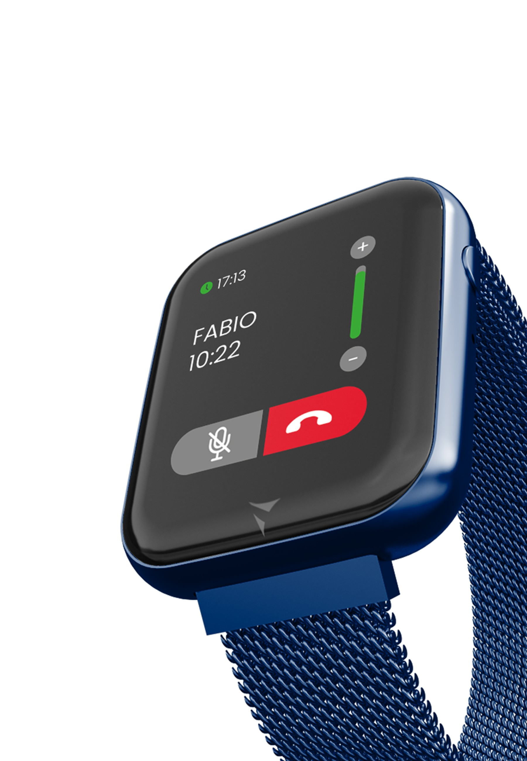Blaue Smartwatch mit Anrufschnittstelle auf dem Bildschirm.
