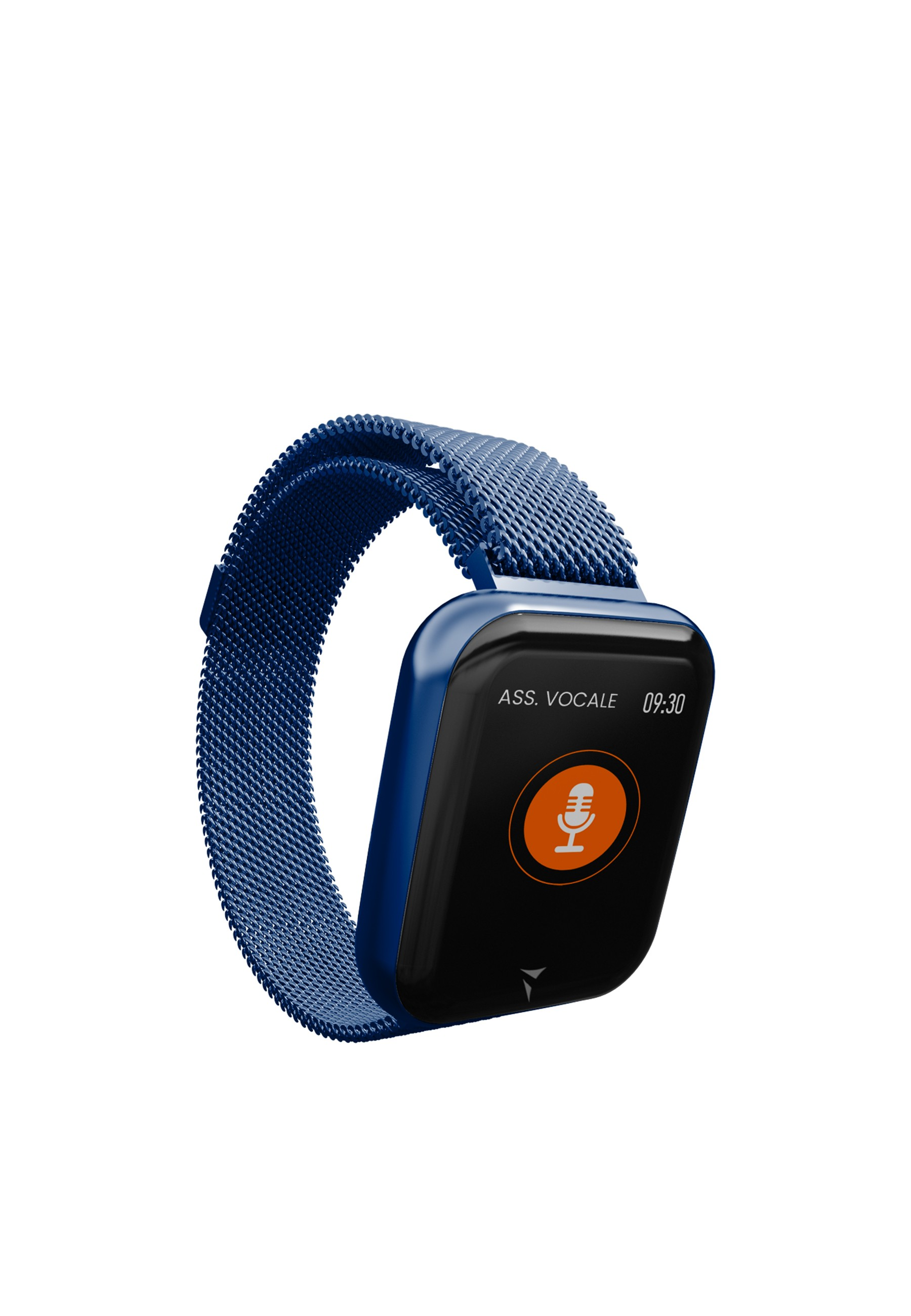 Blaue Smartwatch mit Mikrofon-Symbol auf dem Bildschirm und dem Text "Ass. Vocale 09:30".