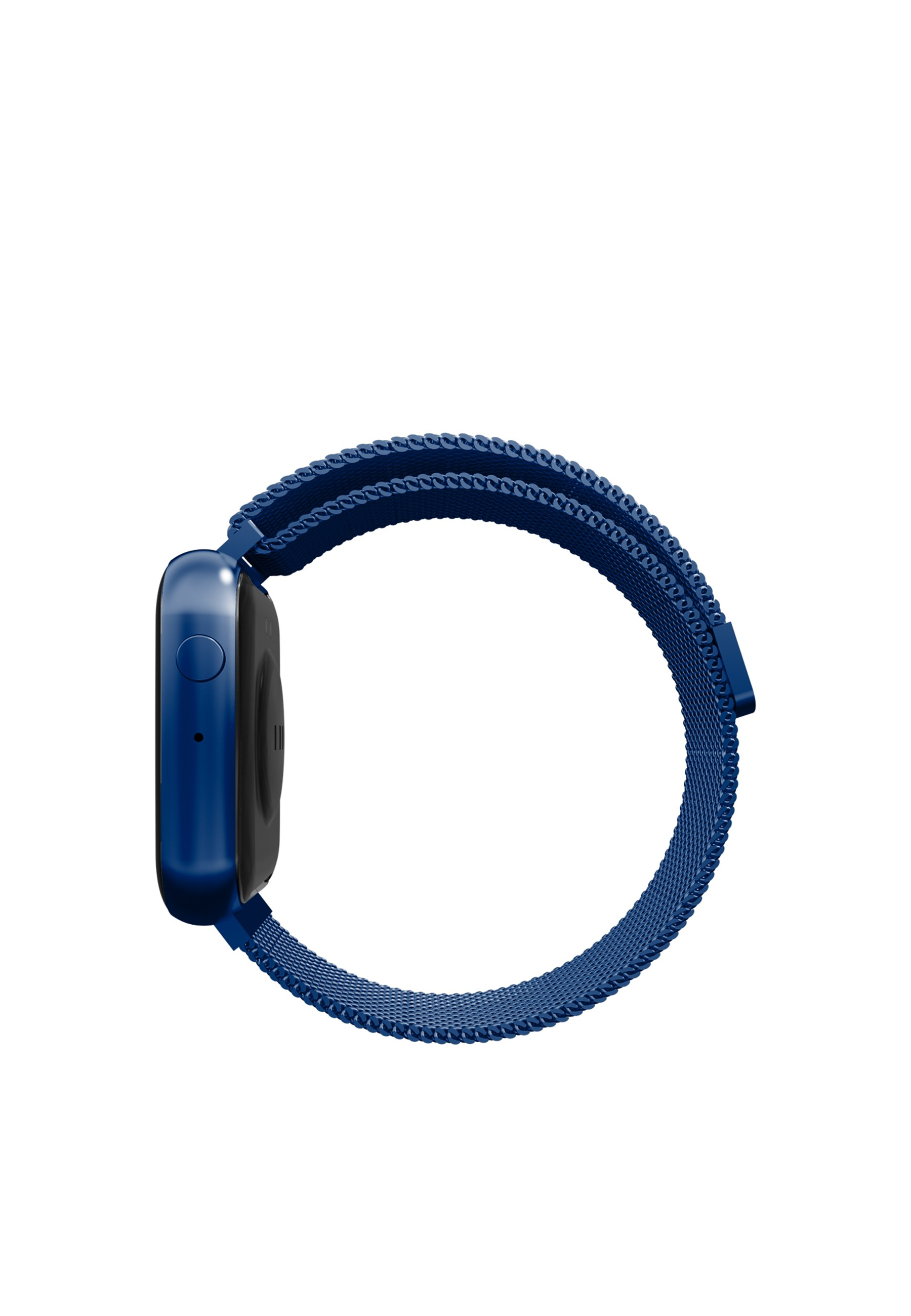 Blaue Smartwatch mit blauem Armband. Seitenansicht, weißer Hintergrund.