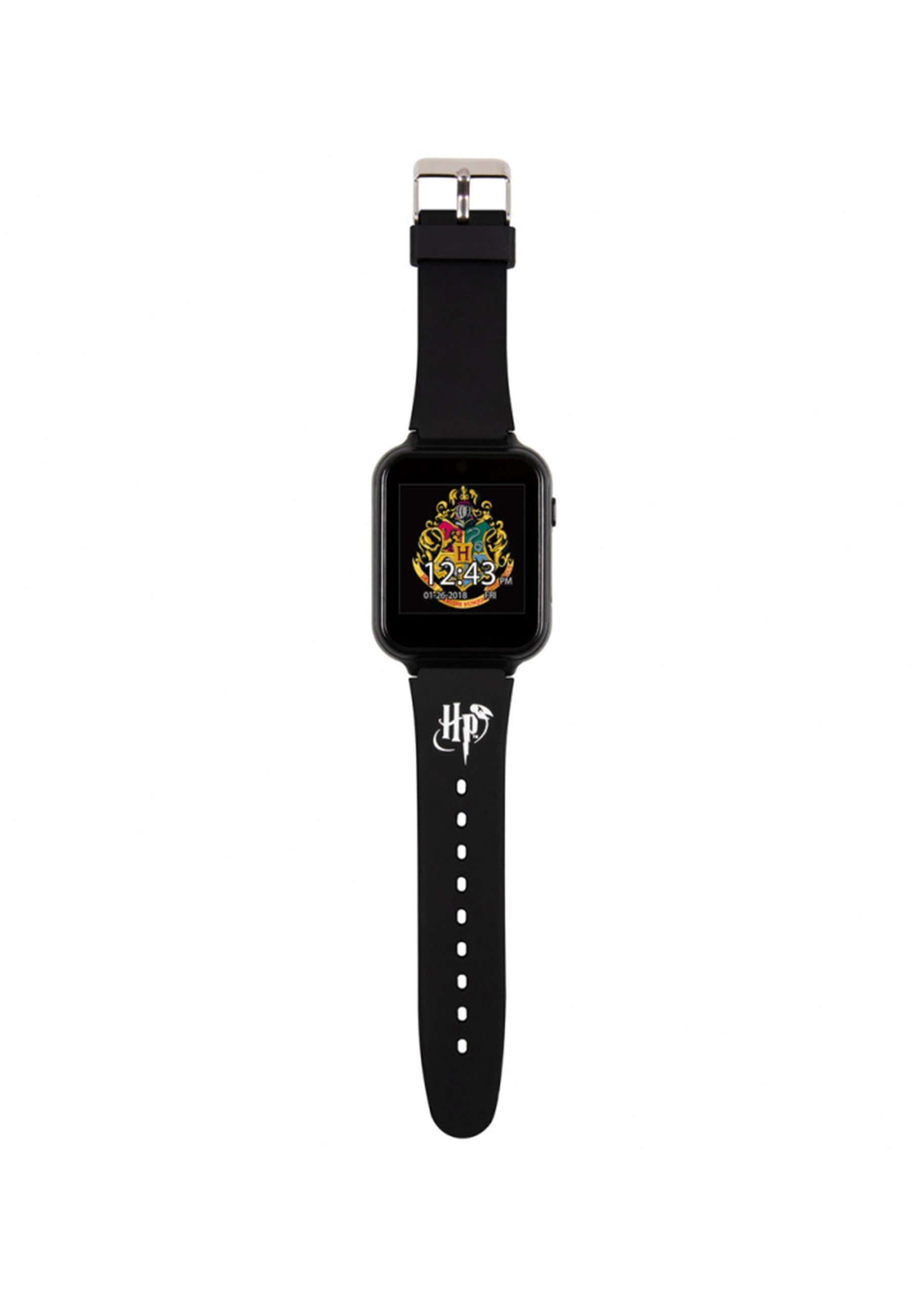 Montre intelligente noire Harry Potter sur fond blanc. La montre affiche l'heure.