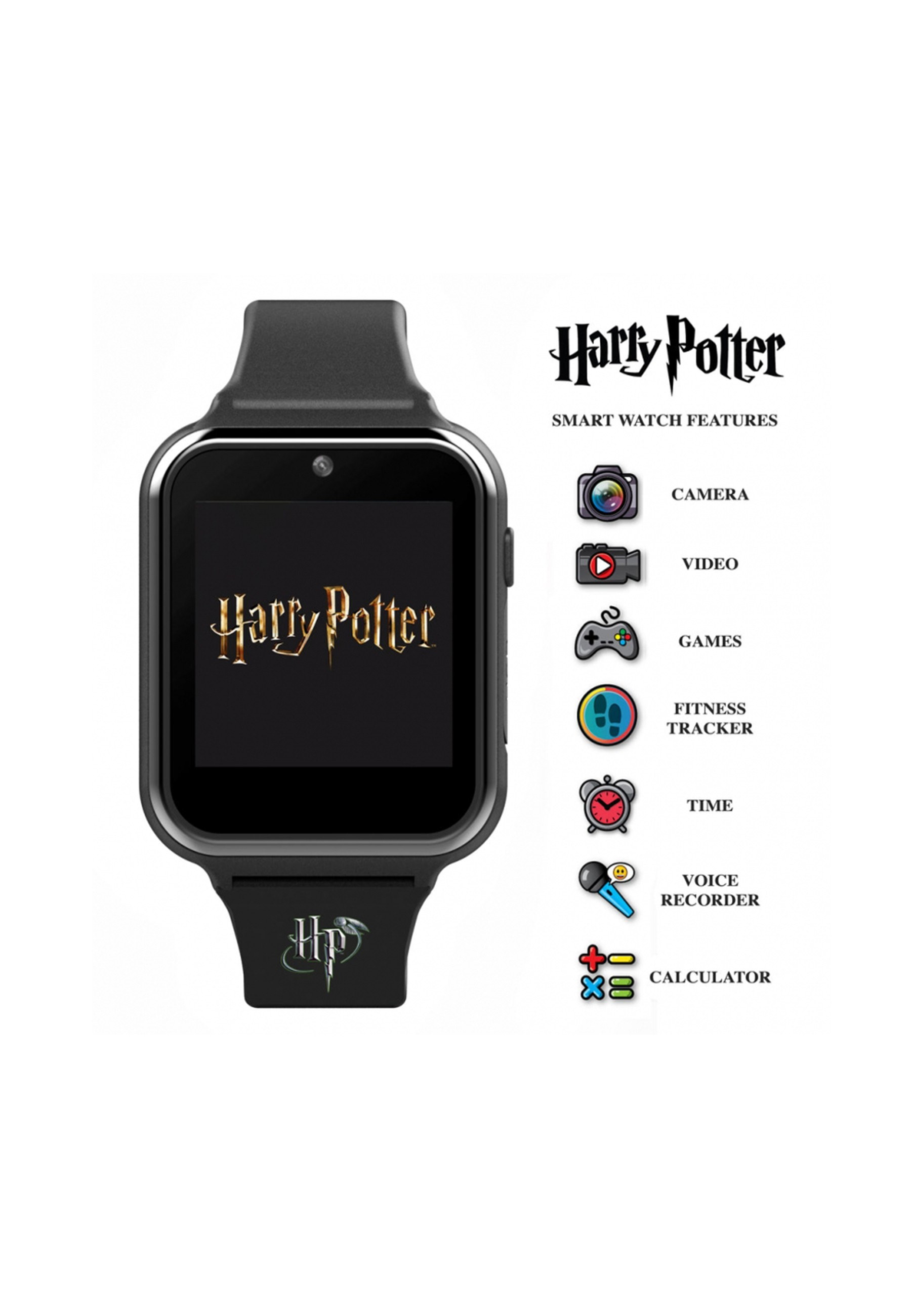 Montre connectée Harry Potter avec des fonctionnalités telles que caméra, vidéo, jeux et suivi de la condition physique. Bracelet noir.