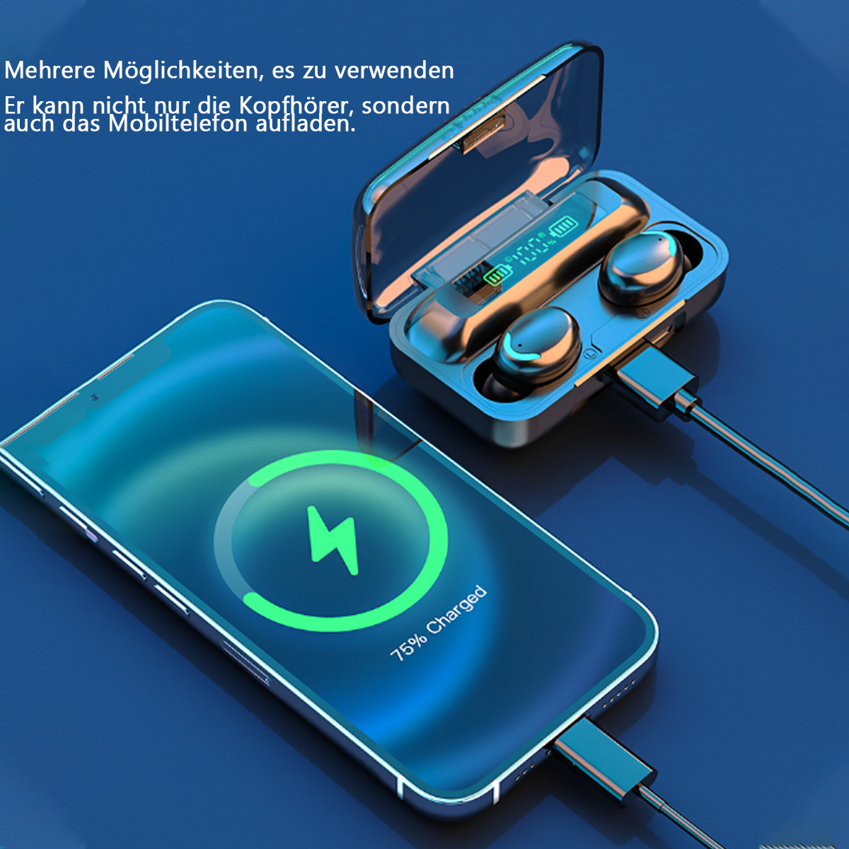 Kabellose Ohrhörer laden ein Telefon. Telefon zeigt Blitz und 75 % geladen.