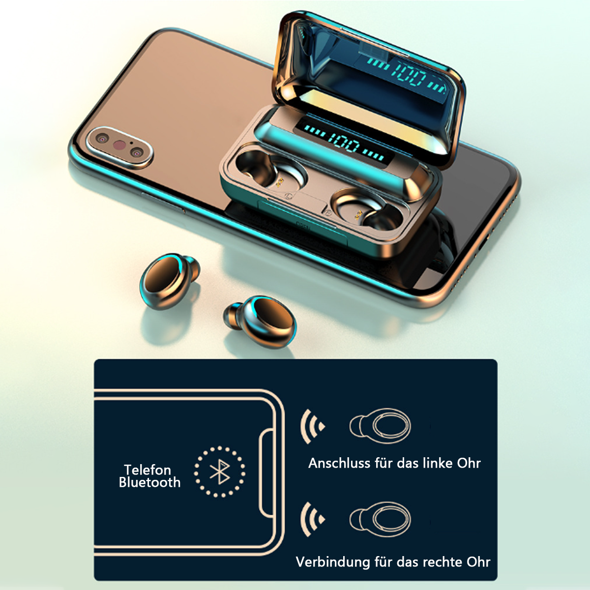 Kabellose Ohrhörer in einem Ladecase neben einem Telefon. Symbole veranschaulichen die Bluetooth-Verbindung.