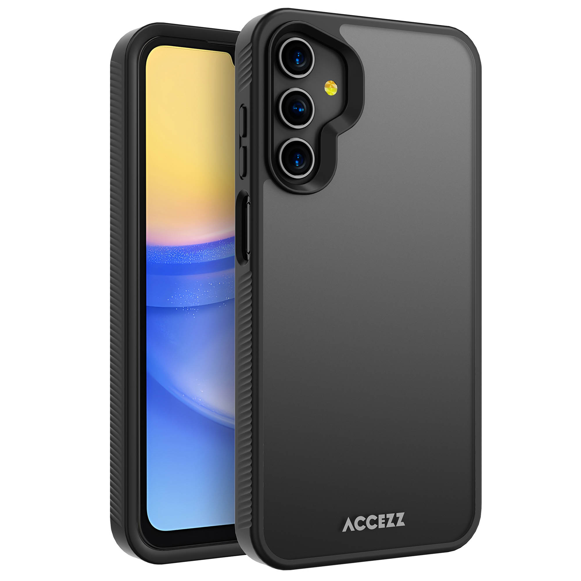 Zwarte telefoonhoes. De hoes ligt op een wit oppervlak. Het merk ACCEZZ is zichtbaar op de hoes.