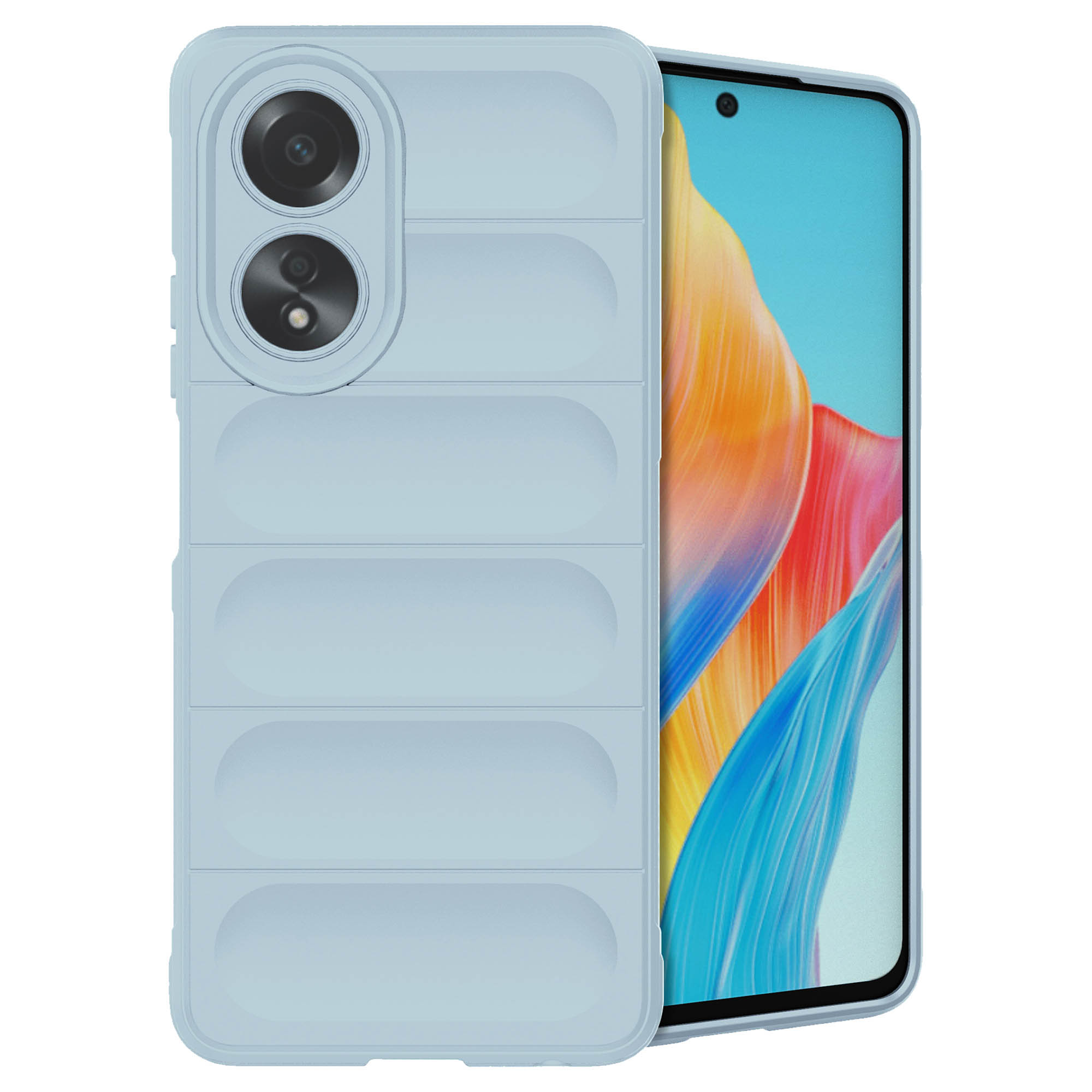 Een lichtblauwe telefoonhoes met camerabult en een telefoon.