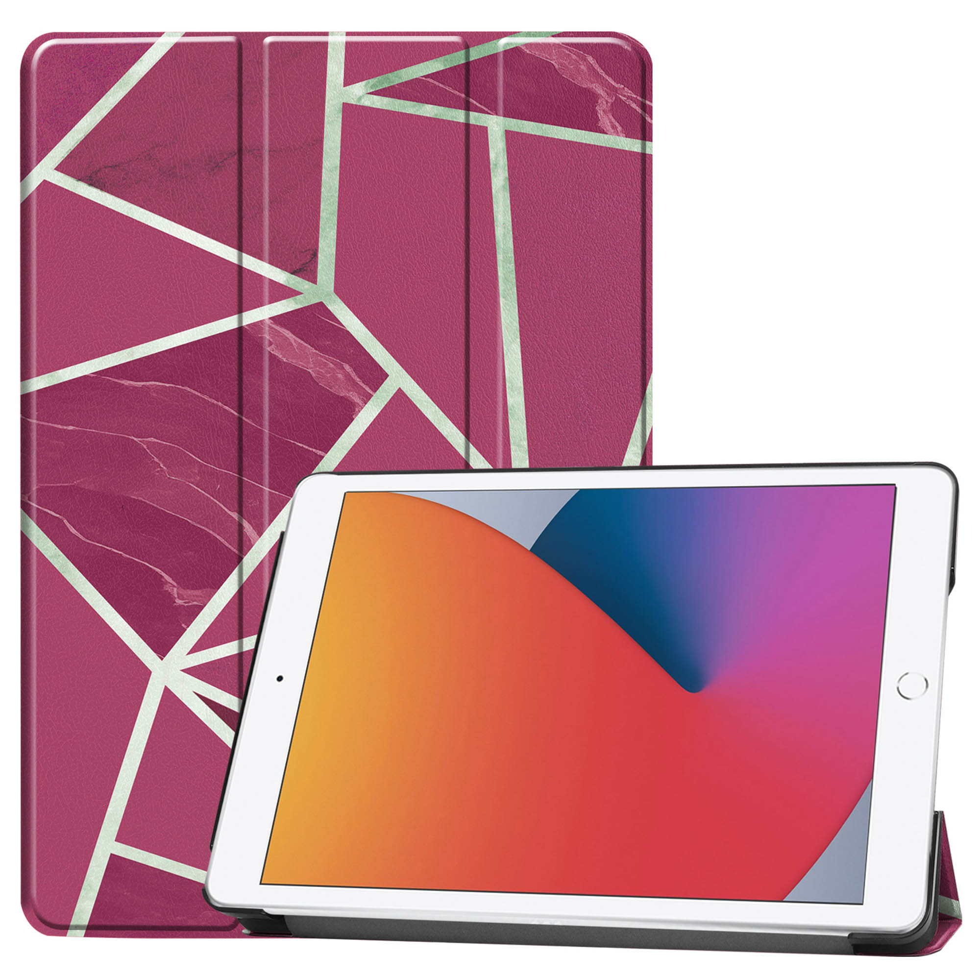 Tablet with a burgundy marble pattern cover. White background.
