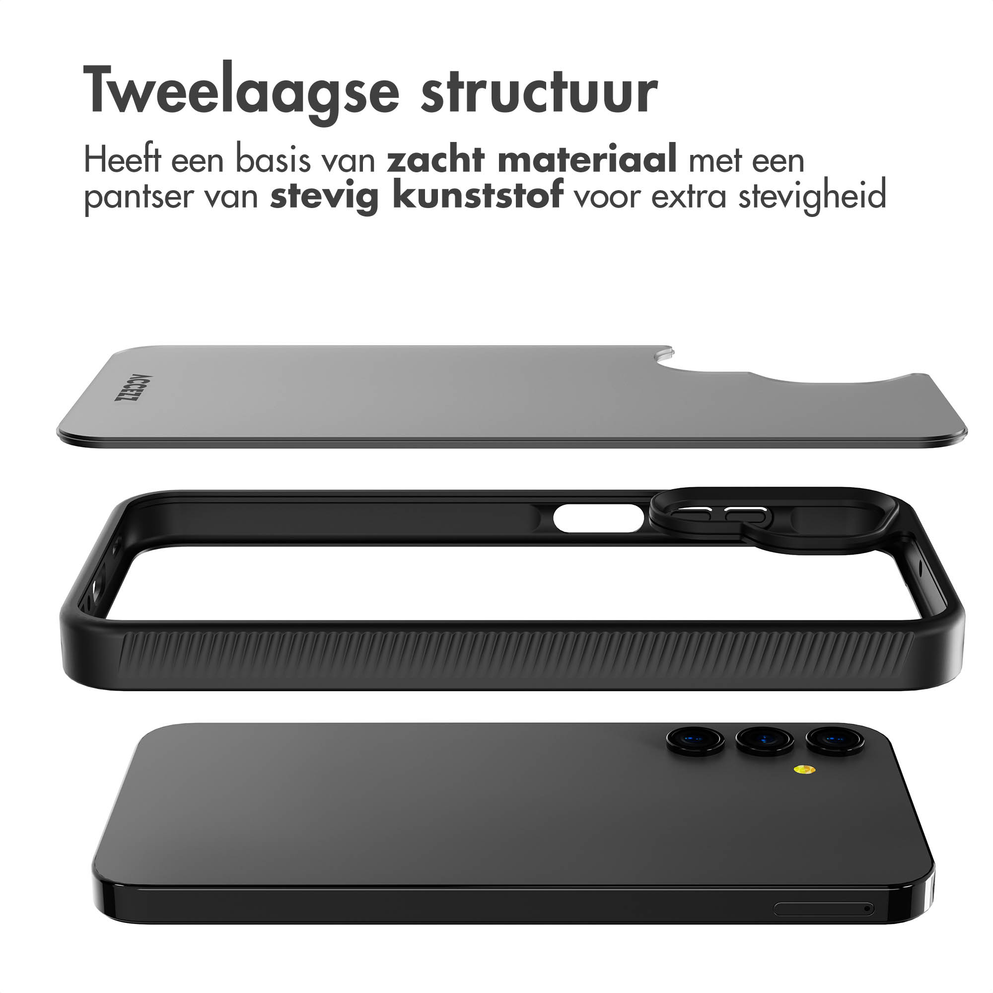 Telefoon met zwarte hoes. Drie lagen van de hoes. Zwarte achtergrond.