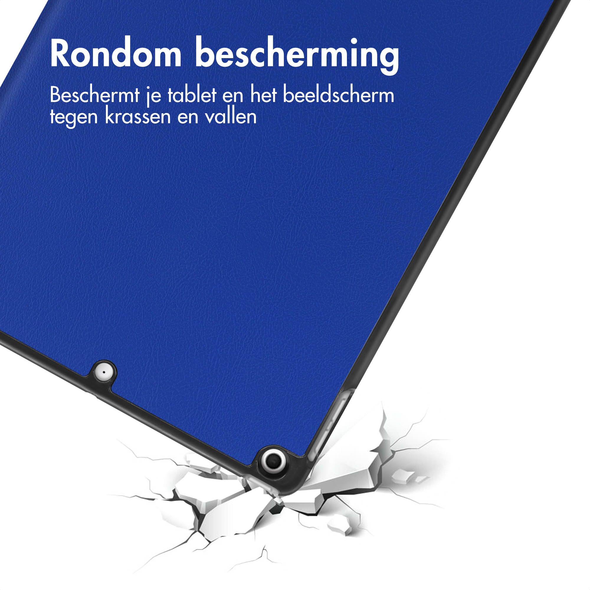 Blue tablet case with black frame, cracked ground. Text: All-around protection. Protects against scratches and falls.