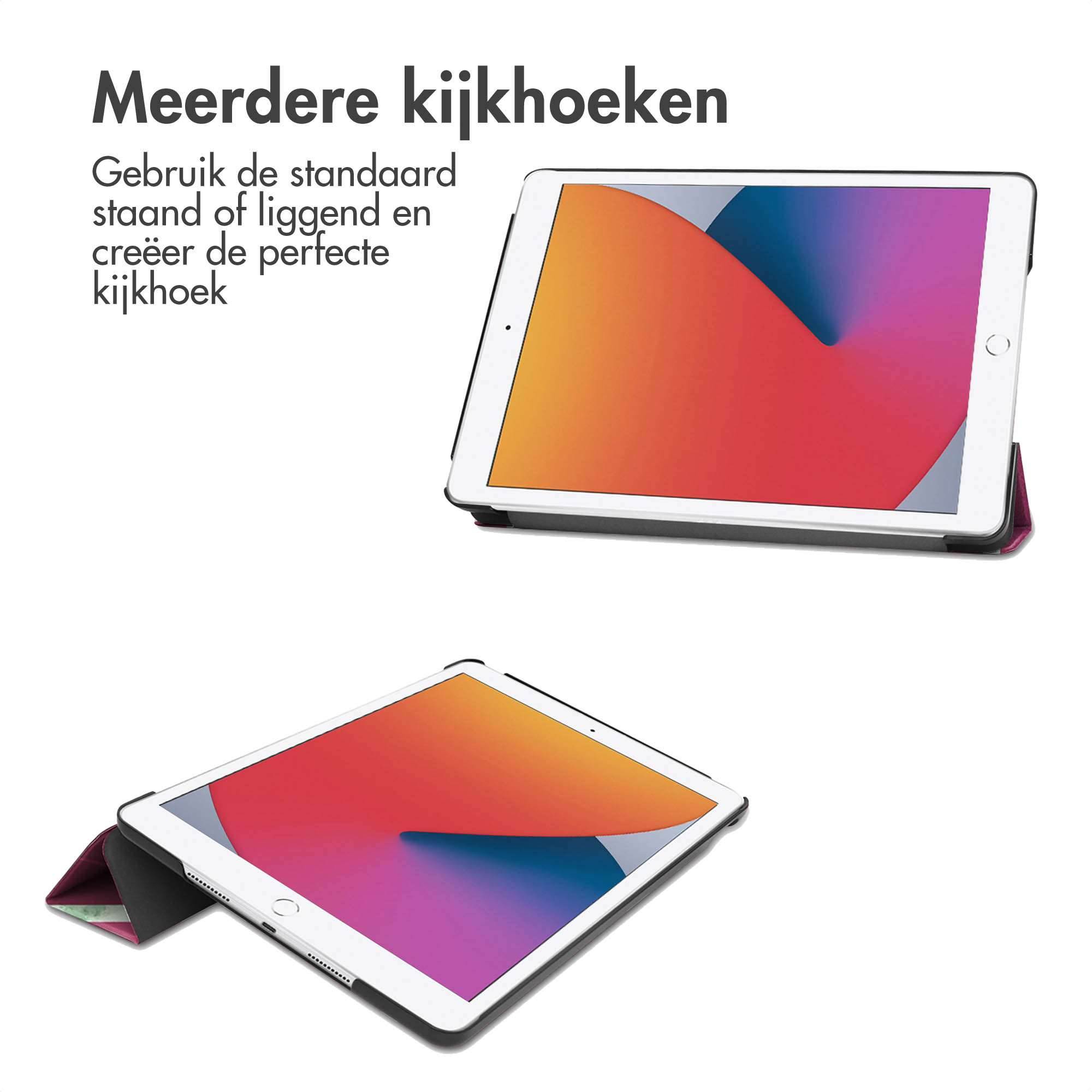 Tablet in a case. Two views, one standing, one laying.  Orange and white background.