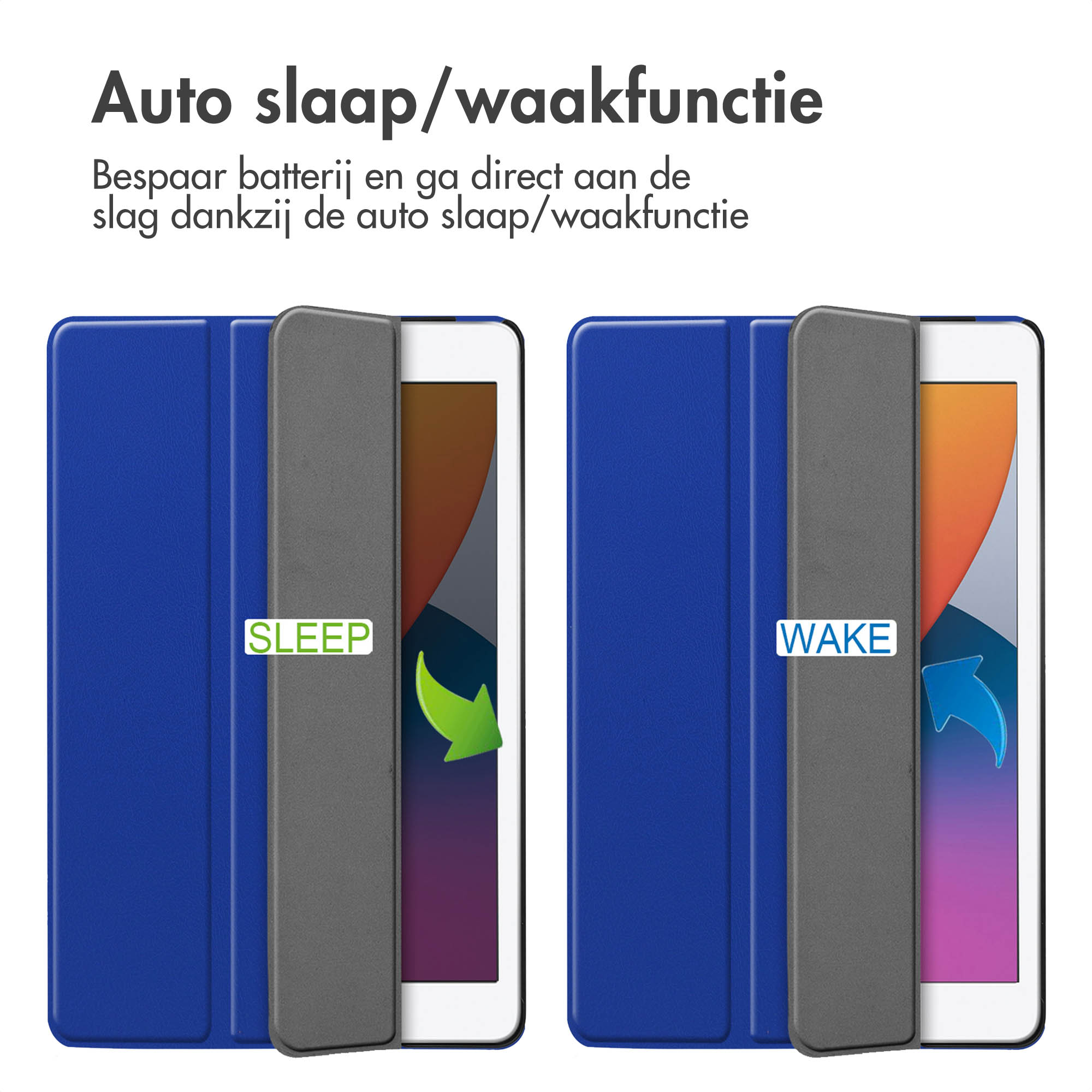 Tablet case open and closed. The case is blue and grey. The words SLEEP and WAKE are visible.