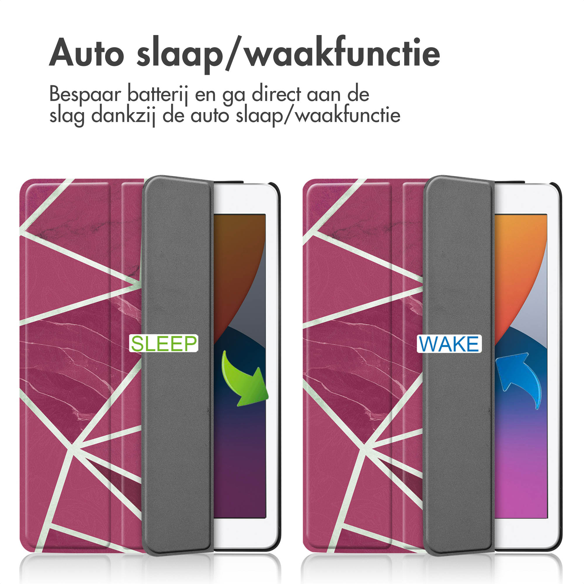 Two tablets, one with a pink patterned case in sleep mode and the other in wake mode.