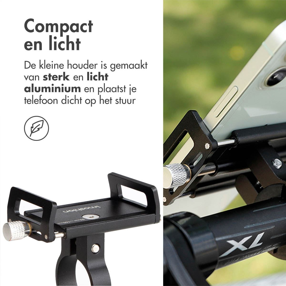 Black phone holder mounted on a handlebar, with a phone.