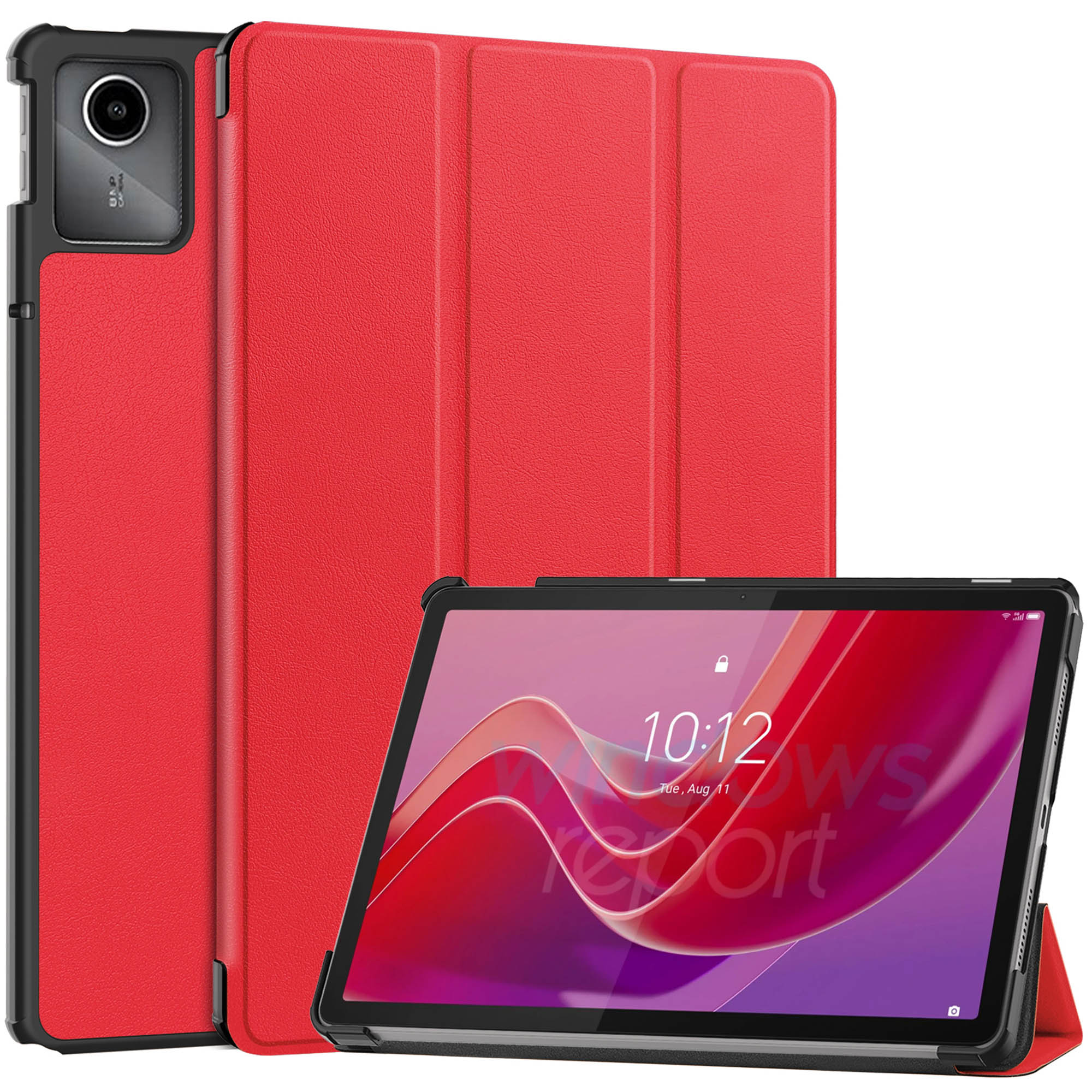 Red tablet case with a tablet inside. The tablet screen shows a UI.