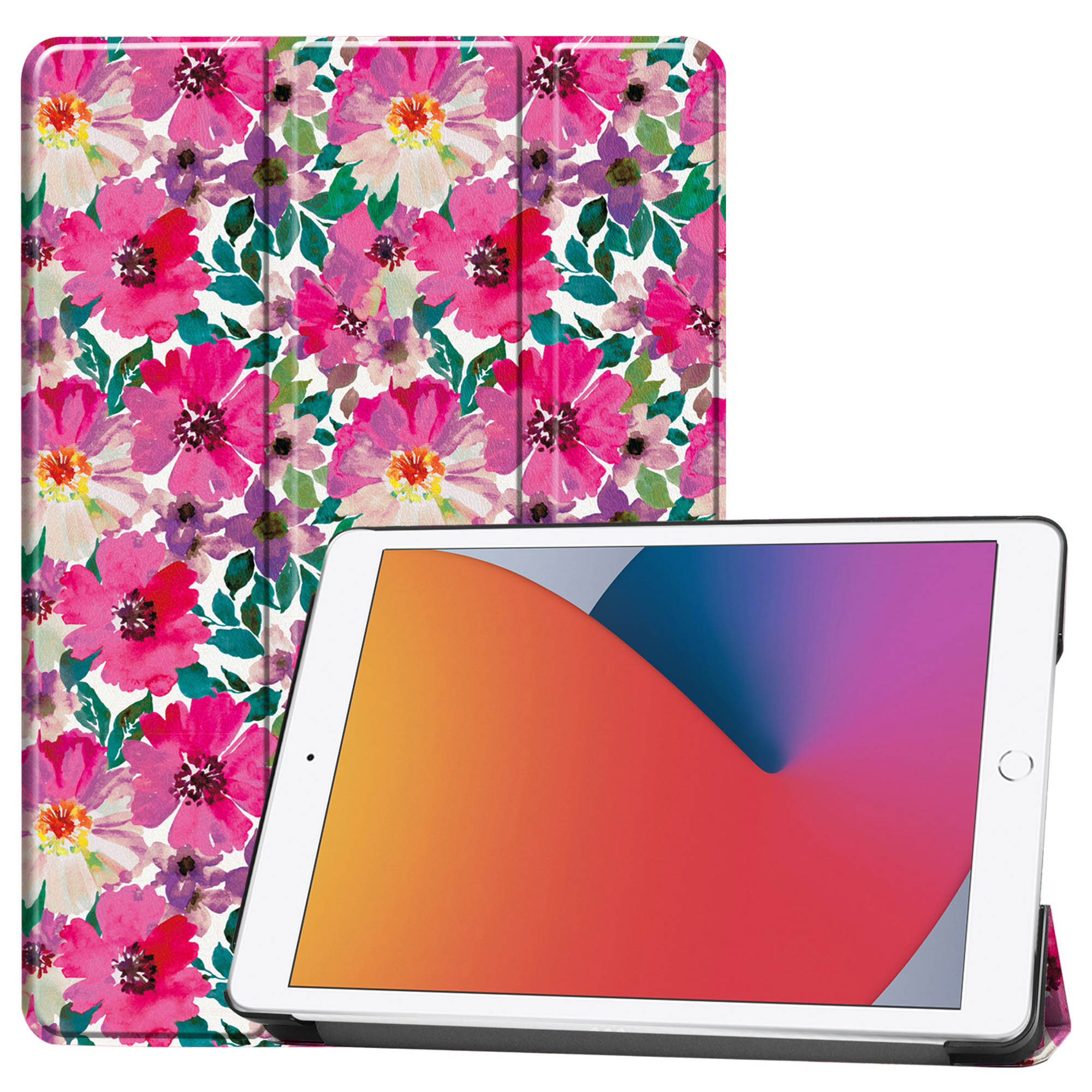 Tablet case with a floral design. The tablet is on a white surface, with screen visible.