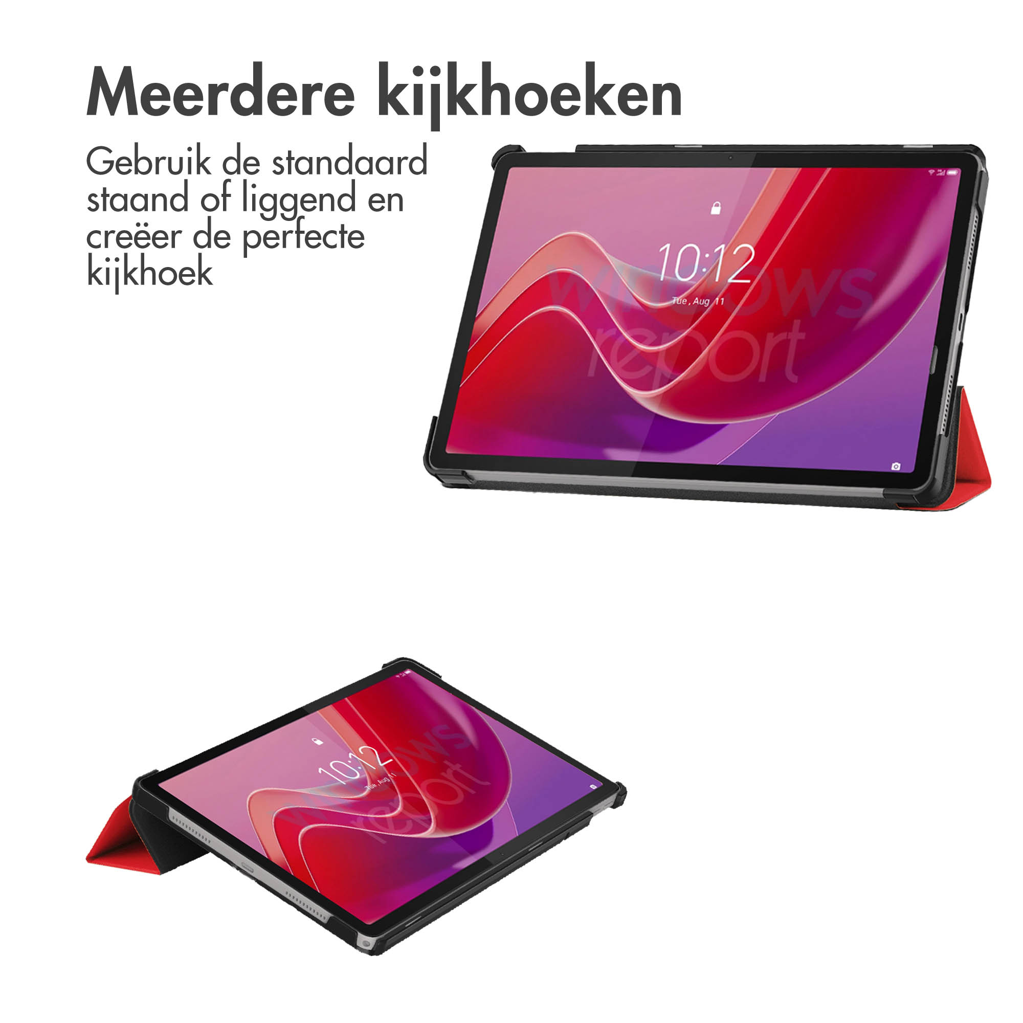 Two tablets in black cases, one on a table, one open on a red stand. Text in Dutch: 'Meerder kijkhoeken'.