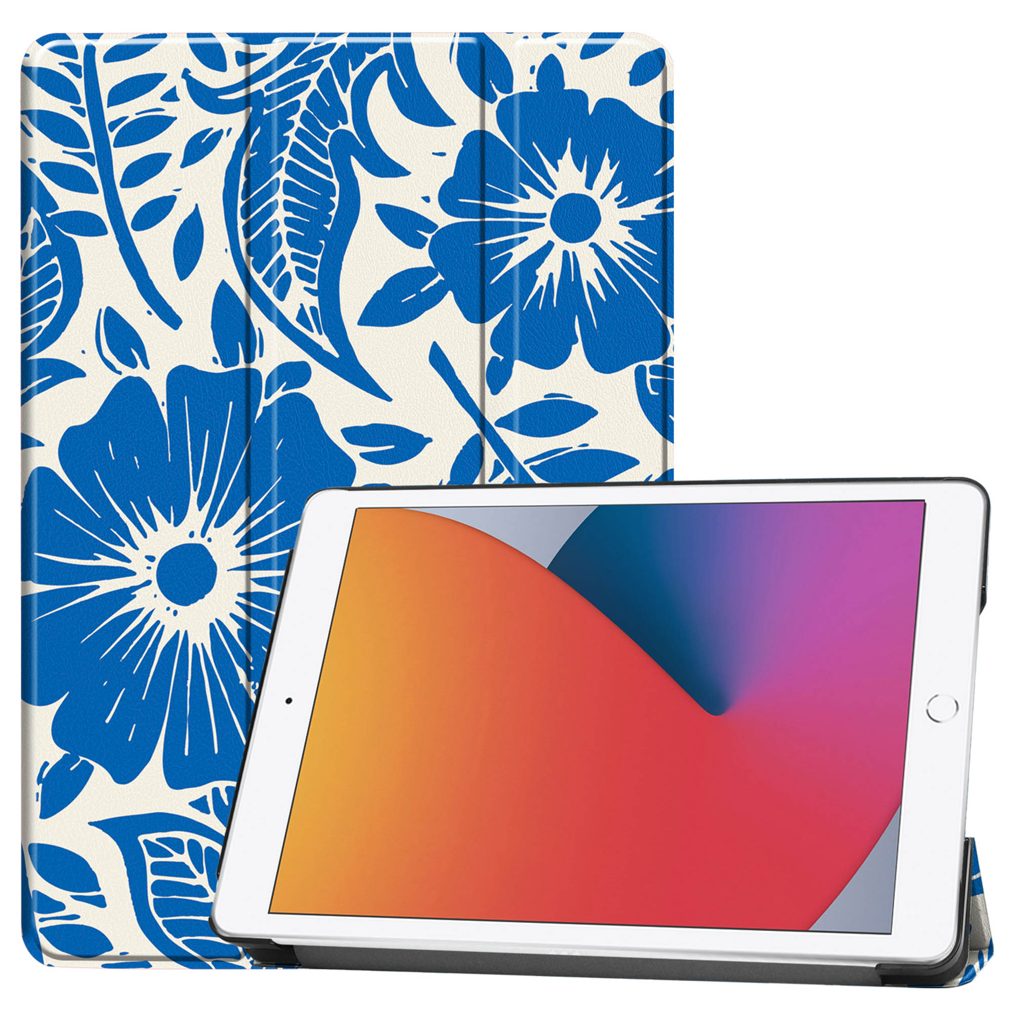 Blue floral iPad case with a white background. An iPad is visible. The case is open.