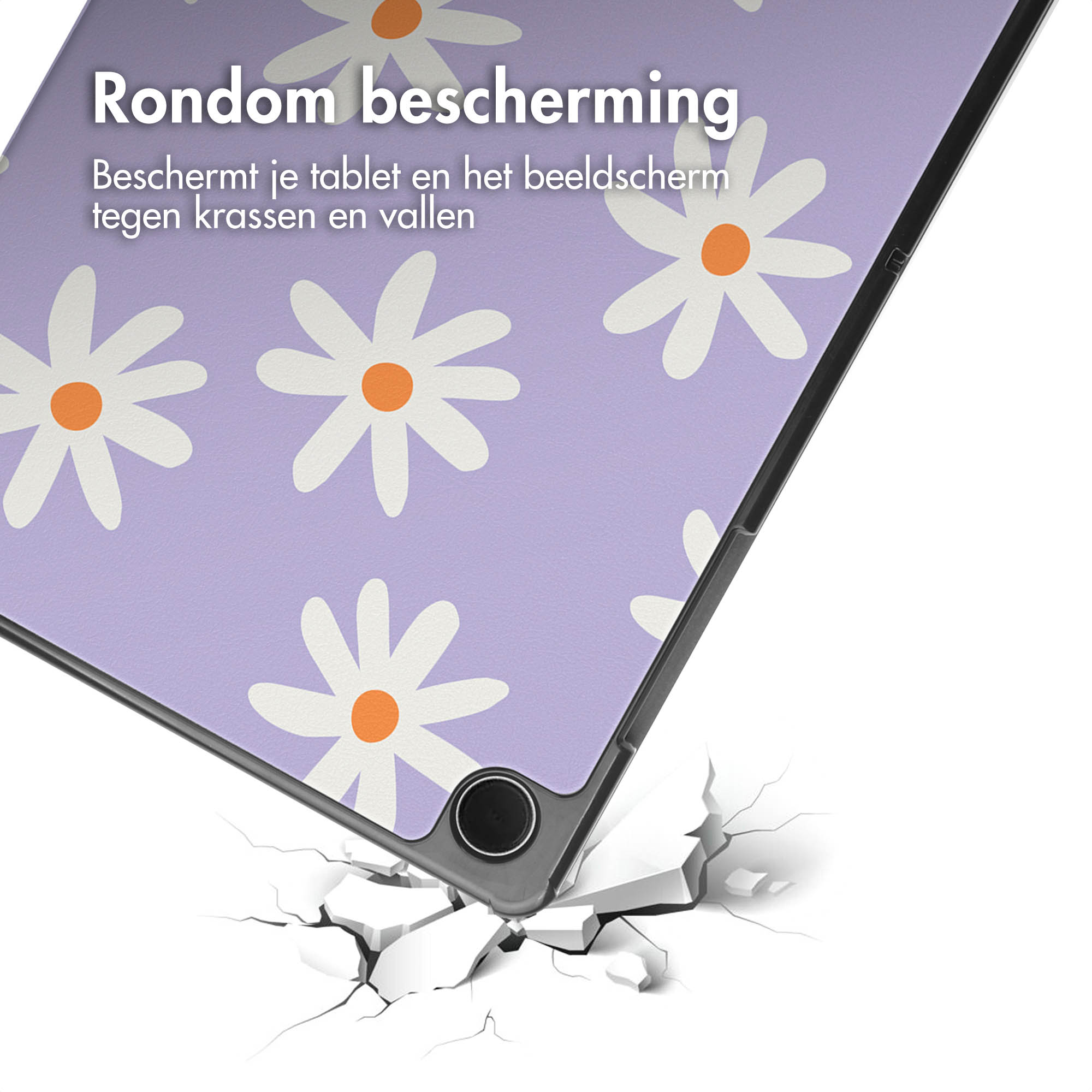 Tablet with white daisies case. The case is cracking on the ground. The screen is blank.