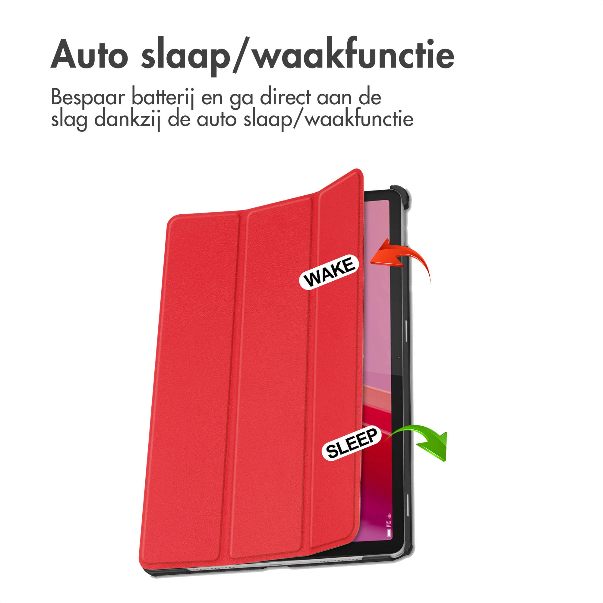 Red tablet case open, showing tablet. White background. Text mentions auto sleep/wake function.