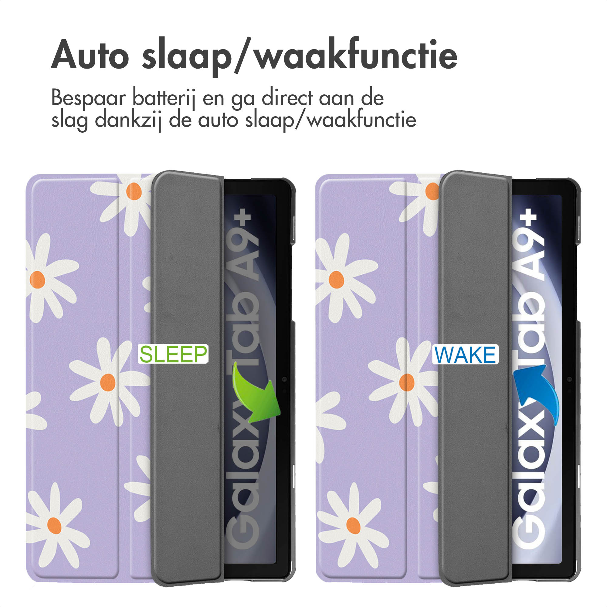 A tablet case in sleep and wake modes, with daisy patterns on a purple background.