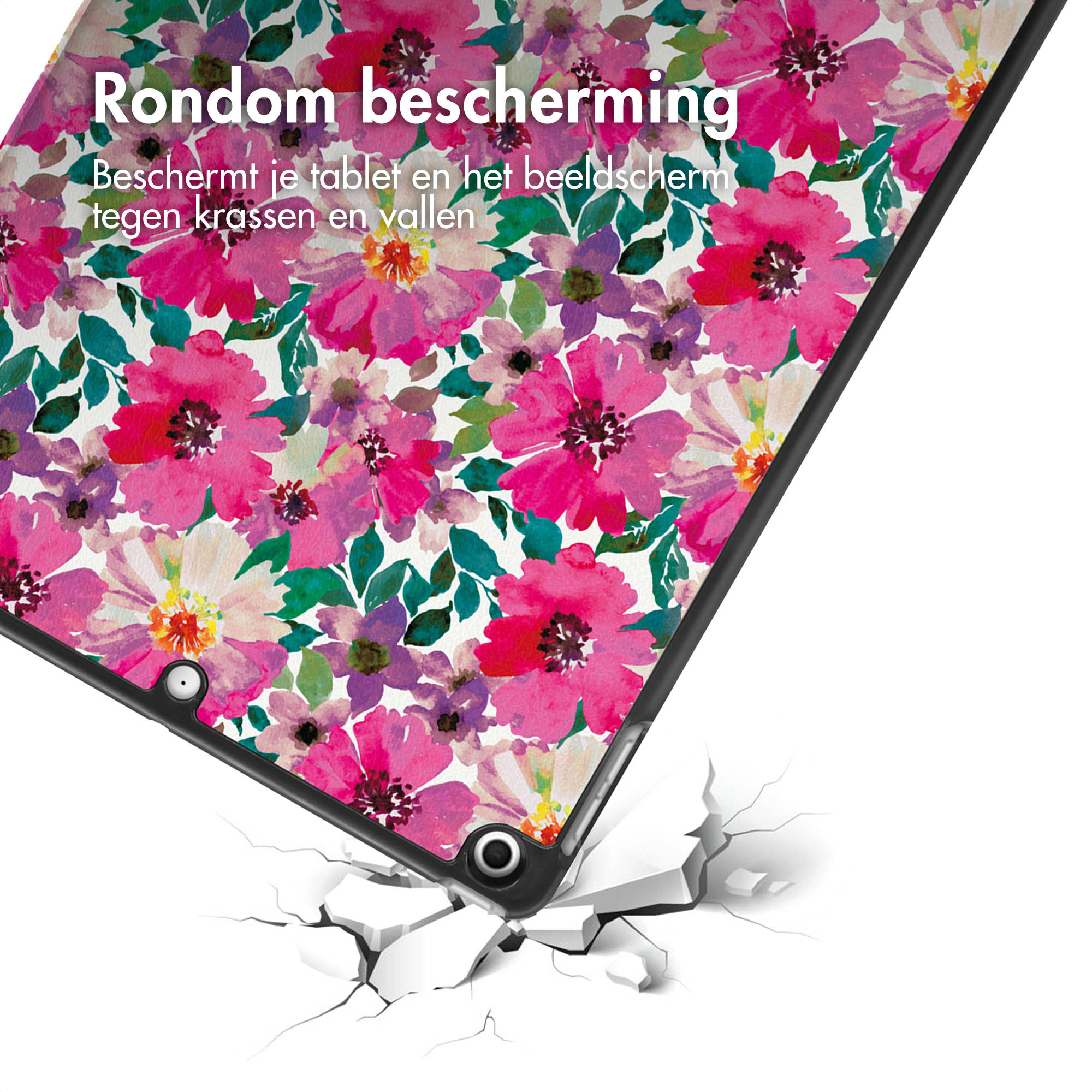 Tablet corner with floral pattern, cracked ground below.