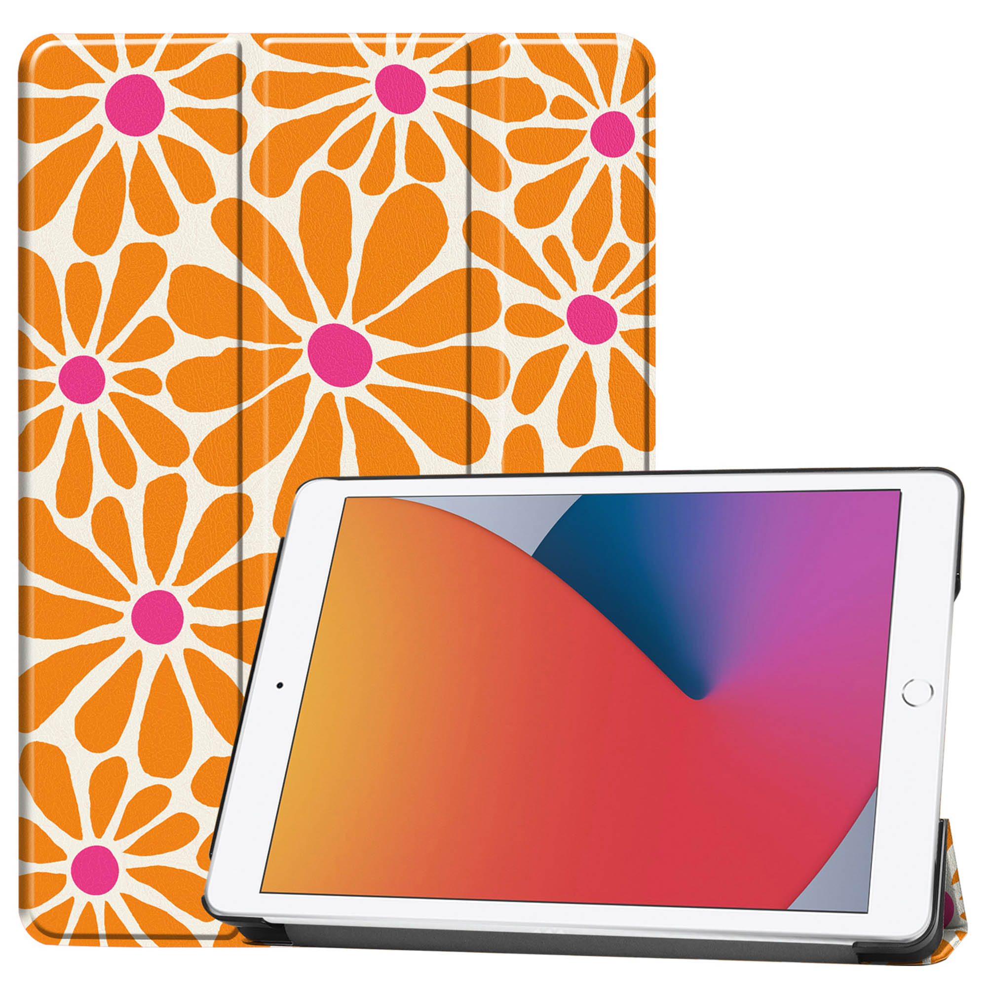 Un tablet con una custodia con design floreale arancione su sfondo bianco.