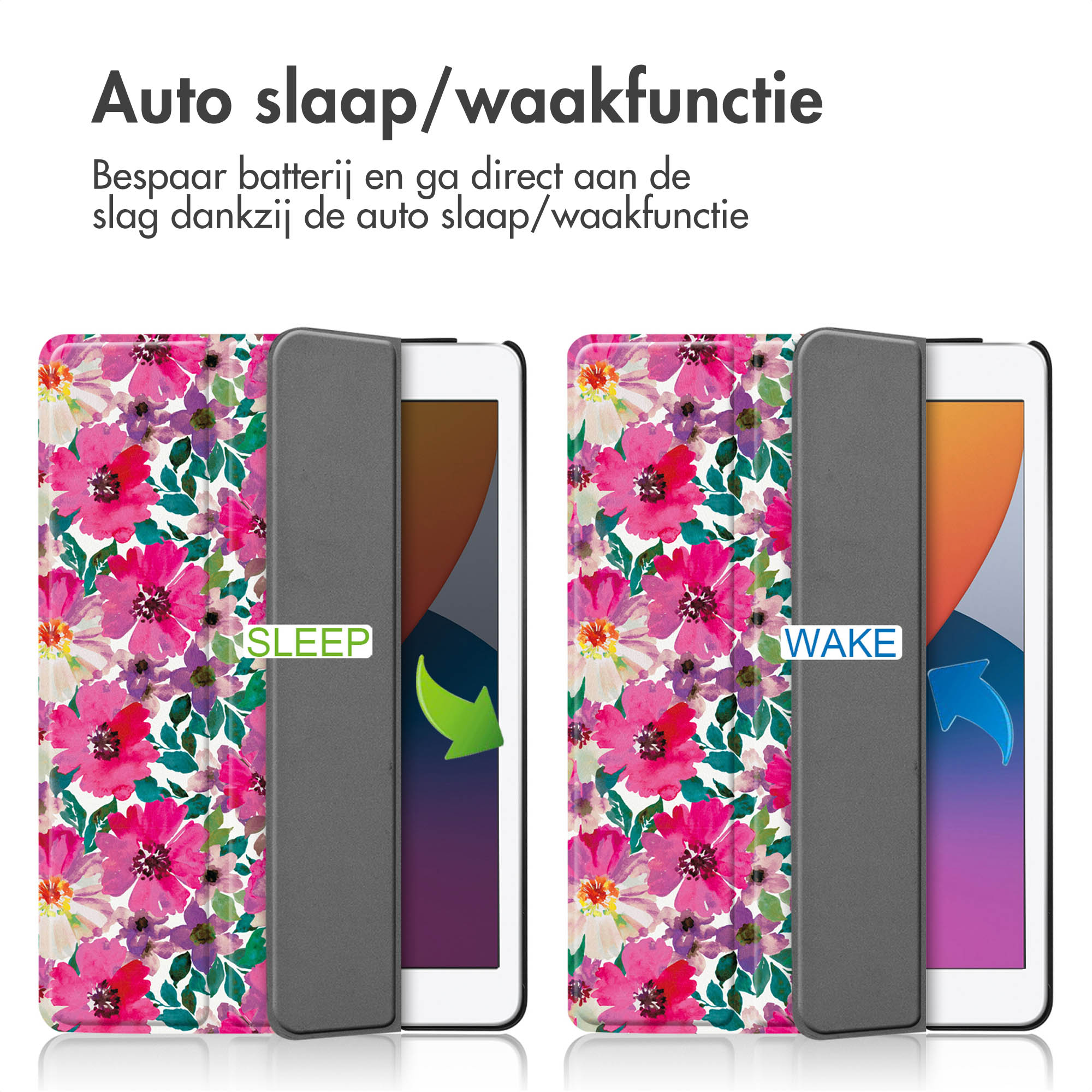 Tablet case with floral design. Text: Sleep and Wake. Arrows indicating open and closed states.