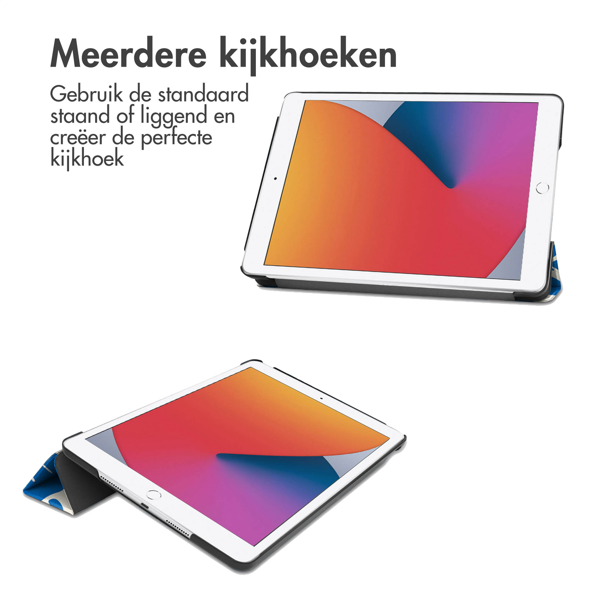 Tablets with different screen views. One on a stand, one flat. White background, with text.