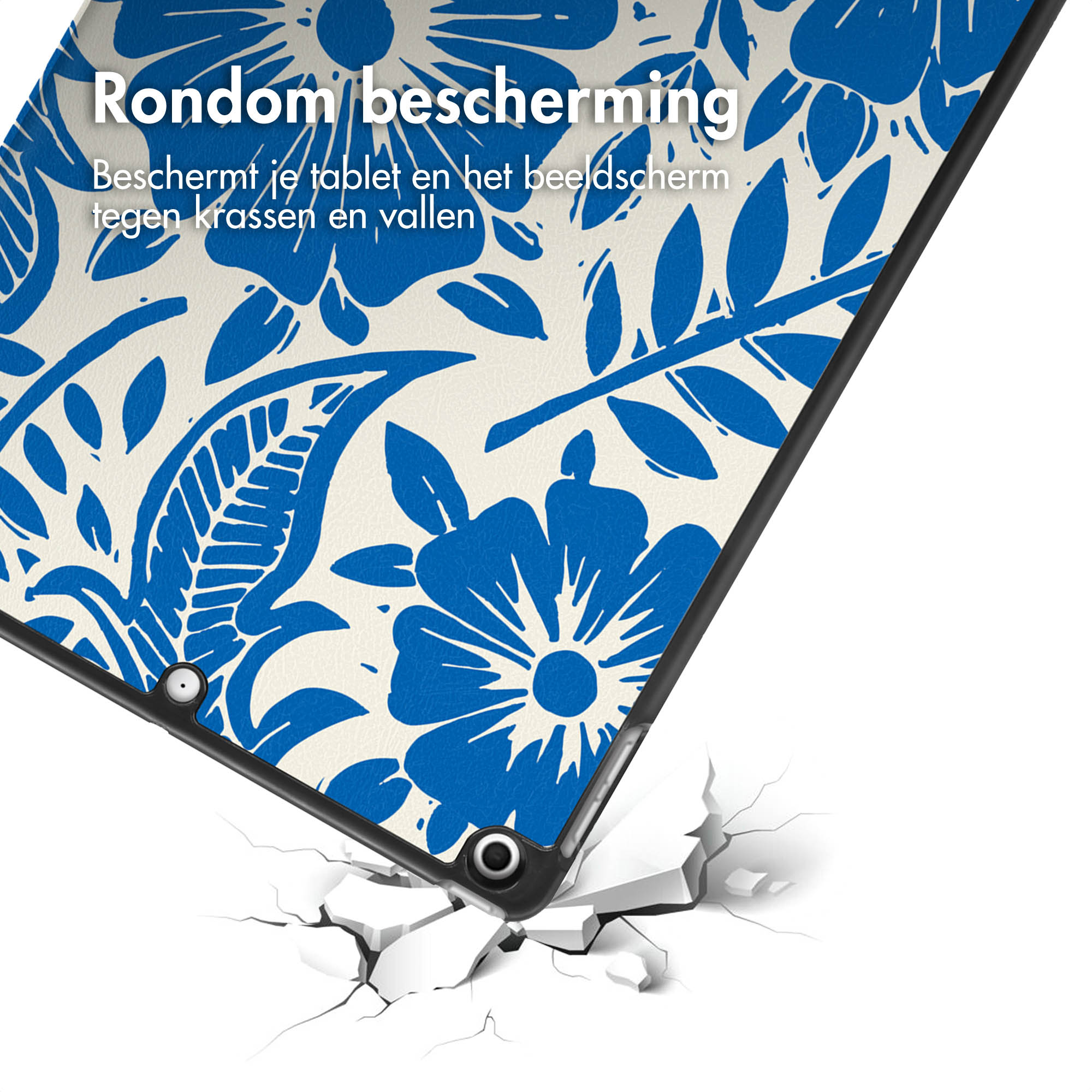 Tablet case with blue floral design. The design is on a cream background. White background.