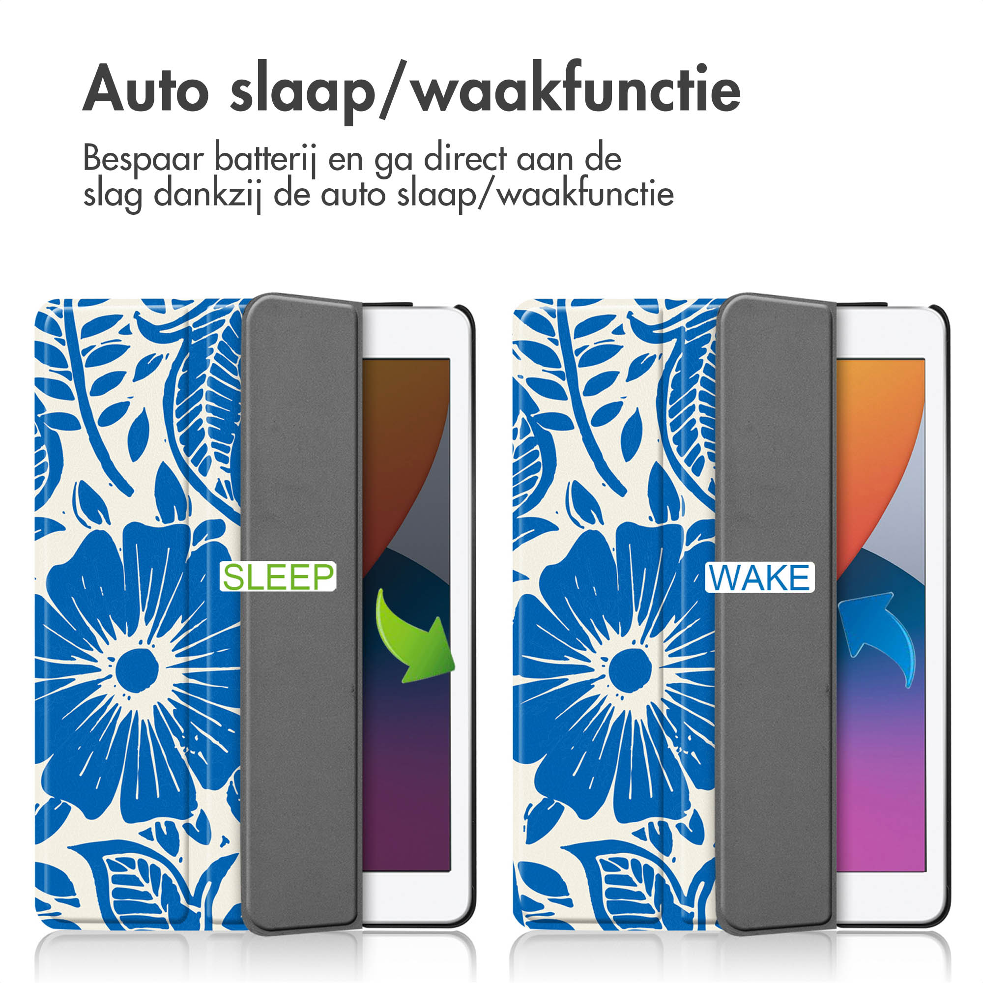 Two tablet cases, one open to show the tablet screen, the other closed. Floral pattern on case.