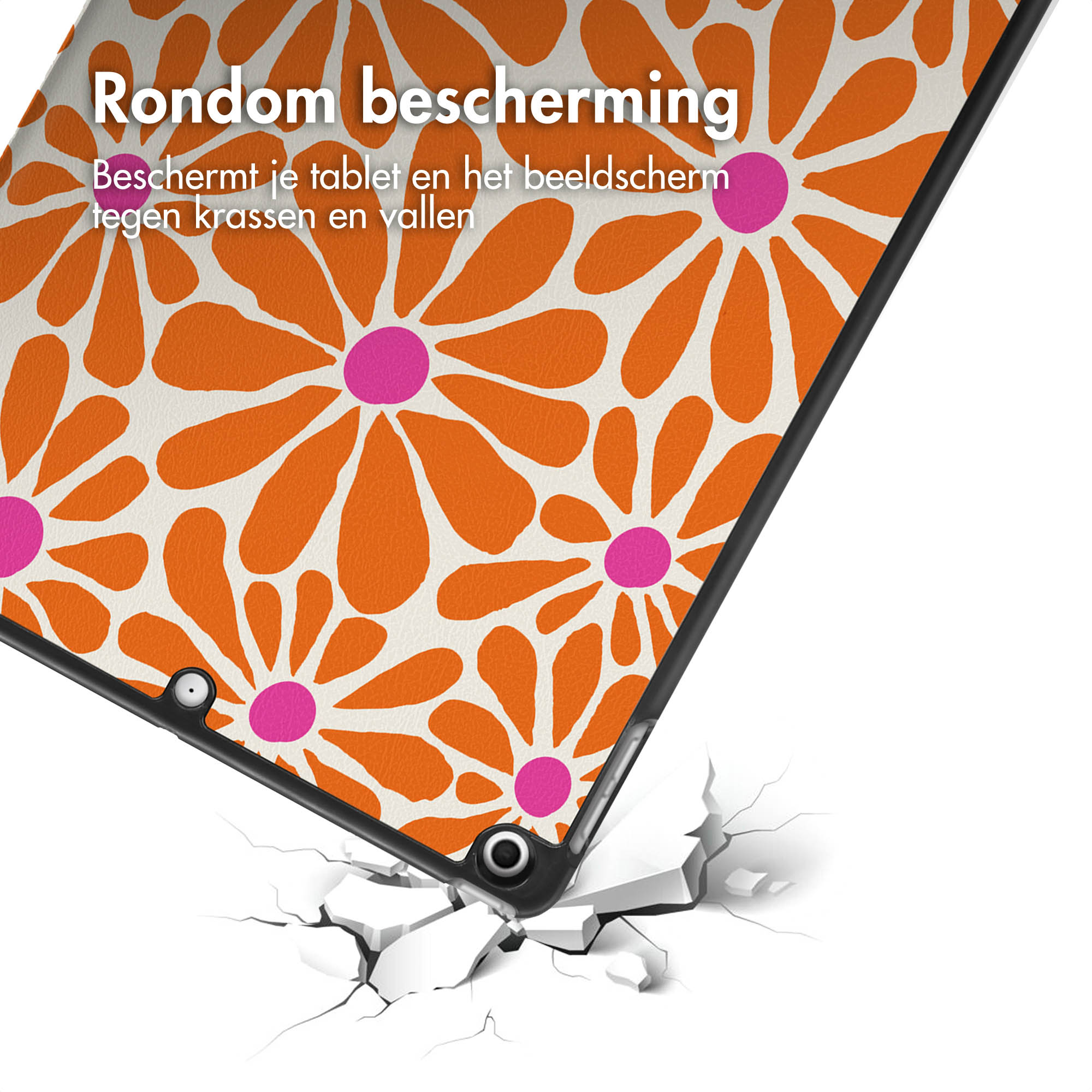 Custodia per tablet con motivo floreale arancione su sfondo bianco, terreno crepato.