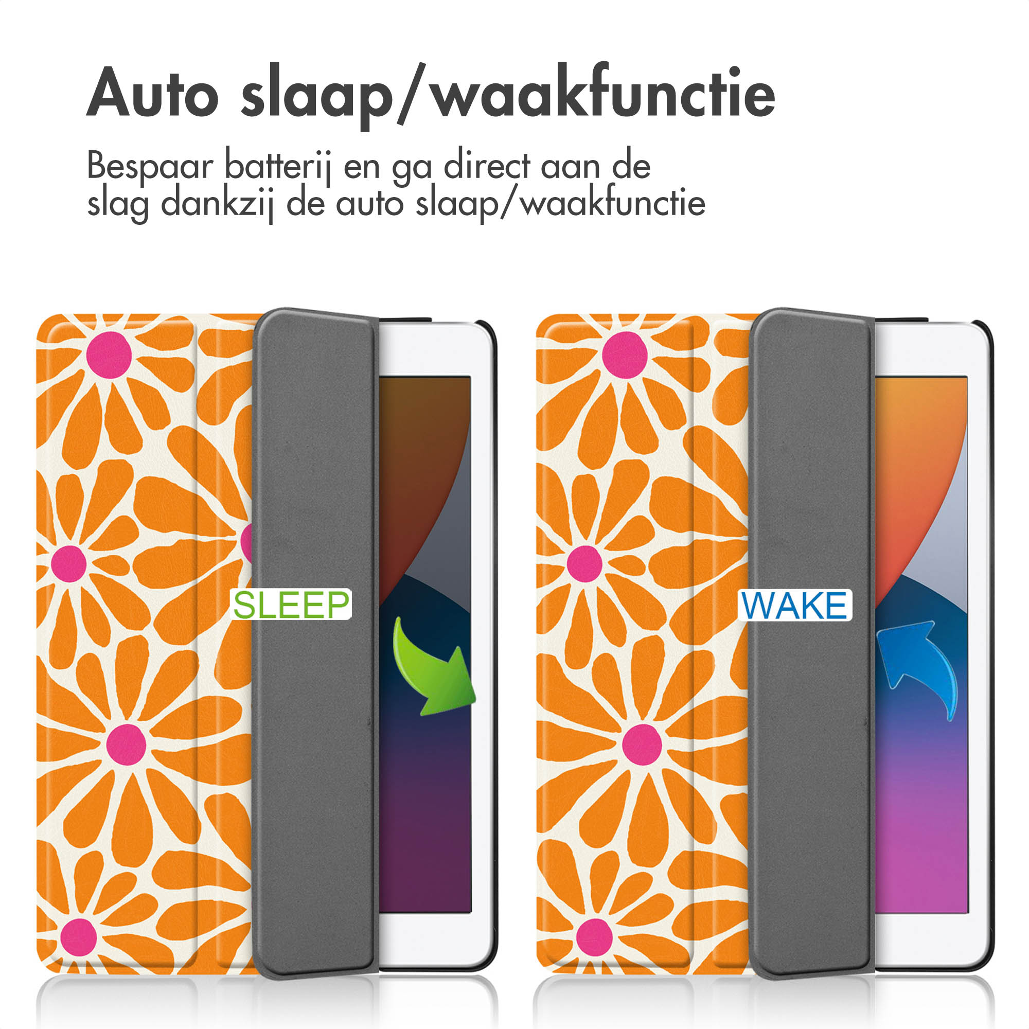 Una custodia per tablet con design a fiori arancioni aperta e chiusa, che mostra le funzioni di sospensione e riattivazione.