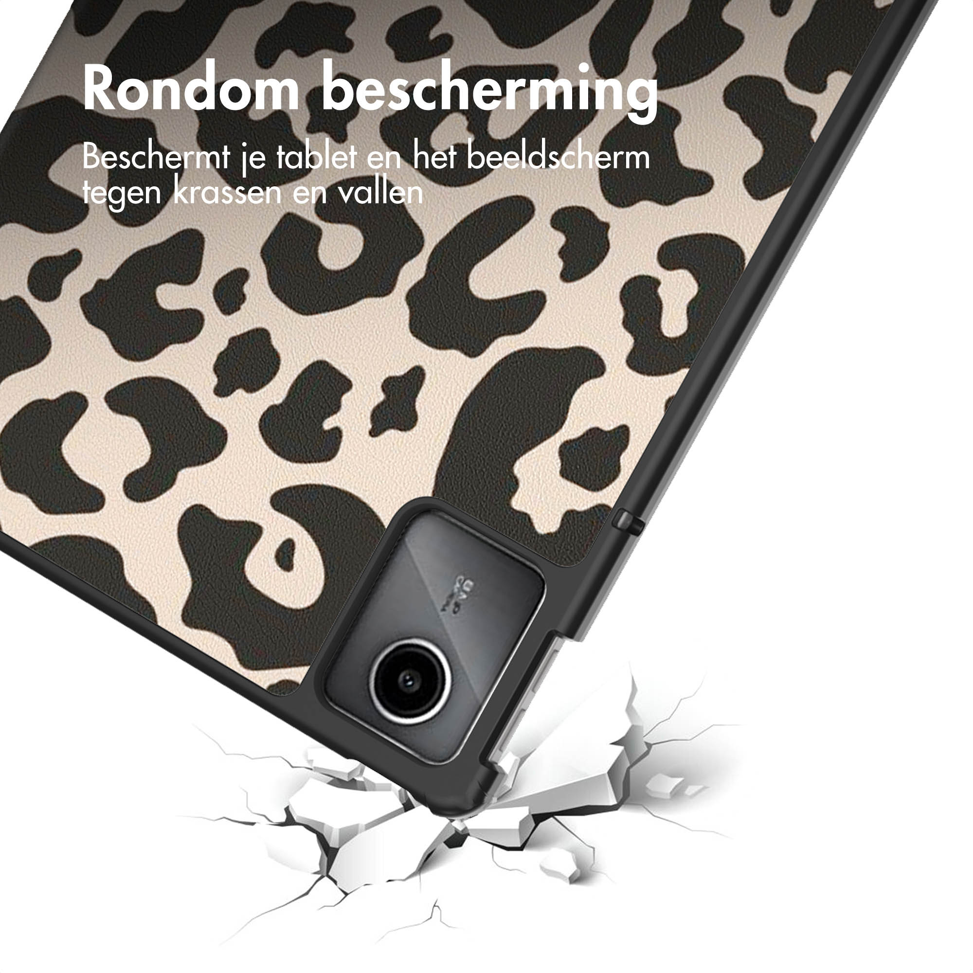Leopard print tablet case, black and beige, angled, with cracks below.