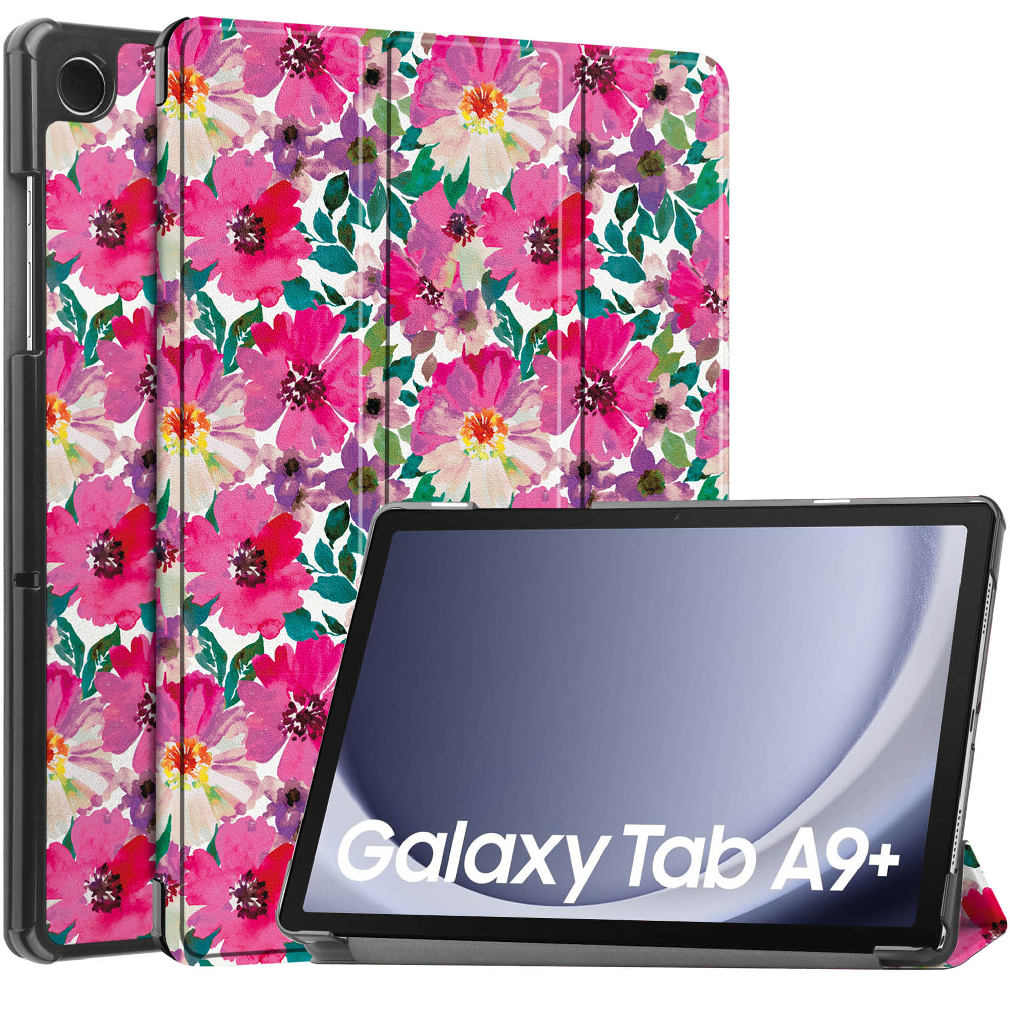 Tablet with floral case, open, and closed. The screen shows a dark image.