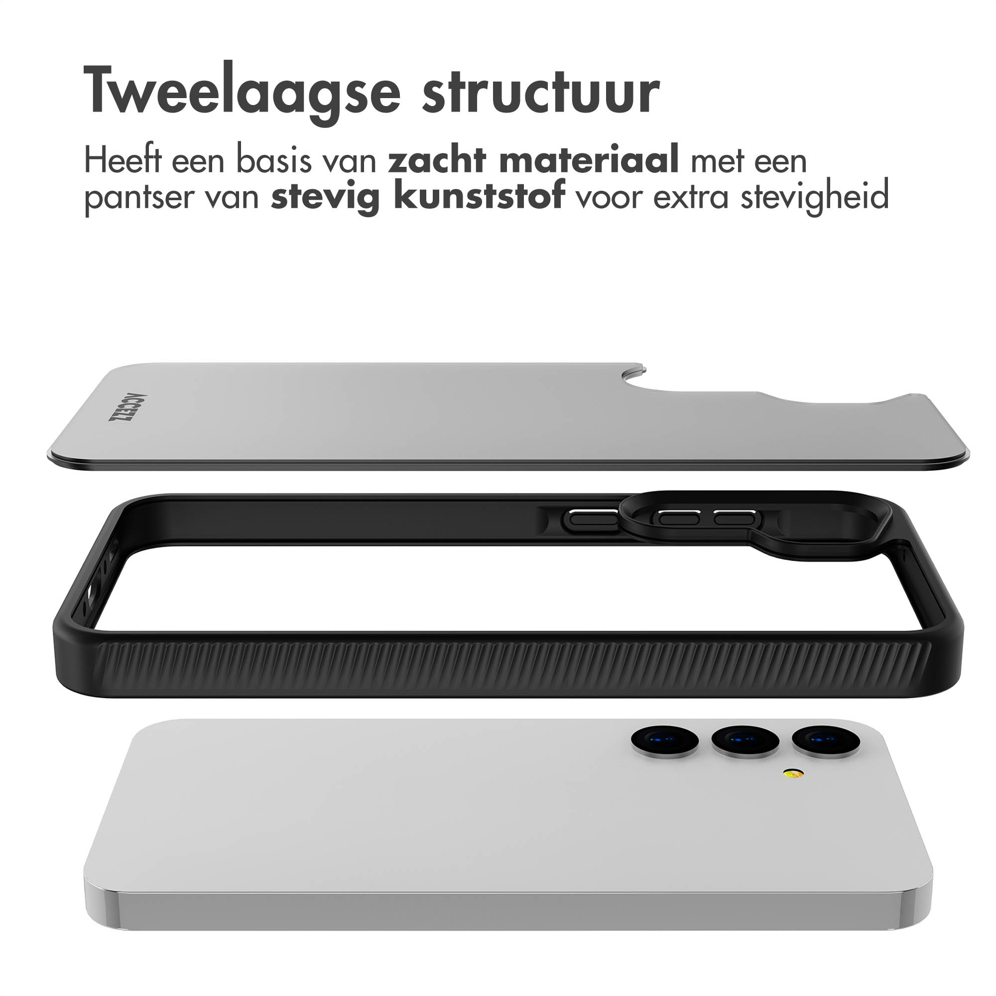 Tre strati di una custodia per telefono: un telefono, una cornice nera e un retro grigio.