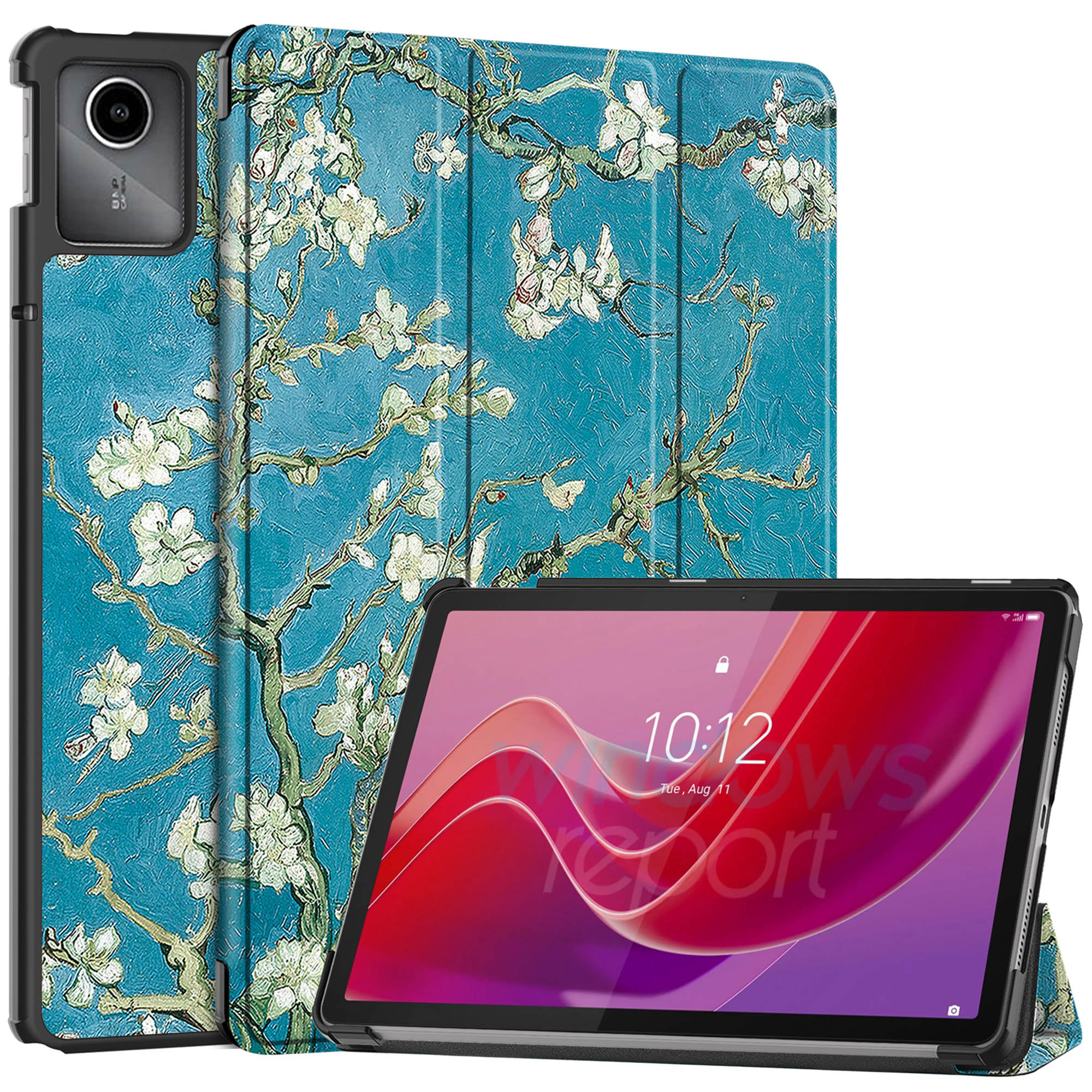 Tablet case with a painting-like design. The case is opened. White background.