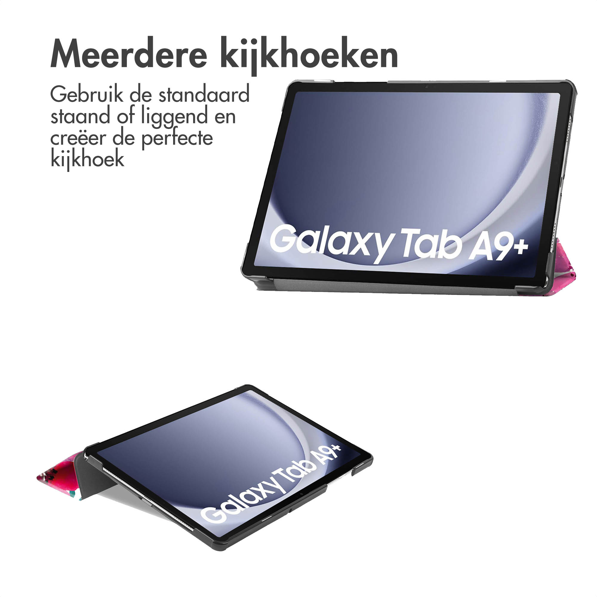 Tablets in cases, different angles. Text in Dutch. White background.