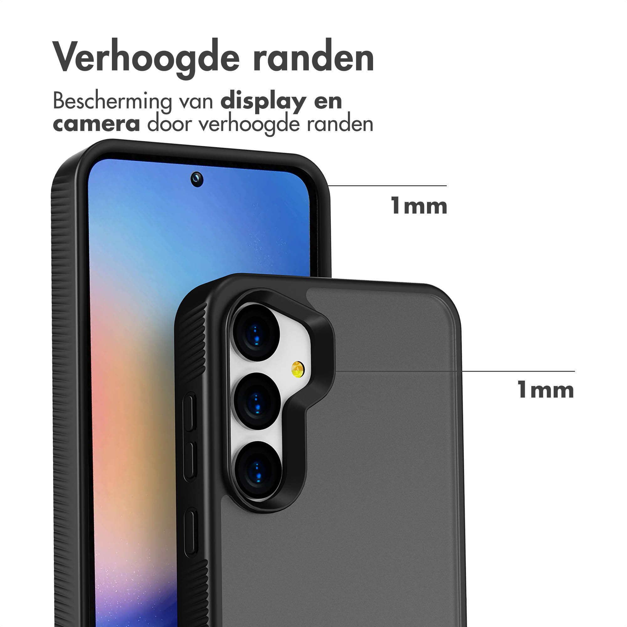 Close-up van een zwarte telefoonhoes met een telefoon erin. Tekst geeft 1 mm verhoogde randen aan.