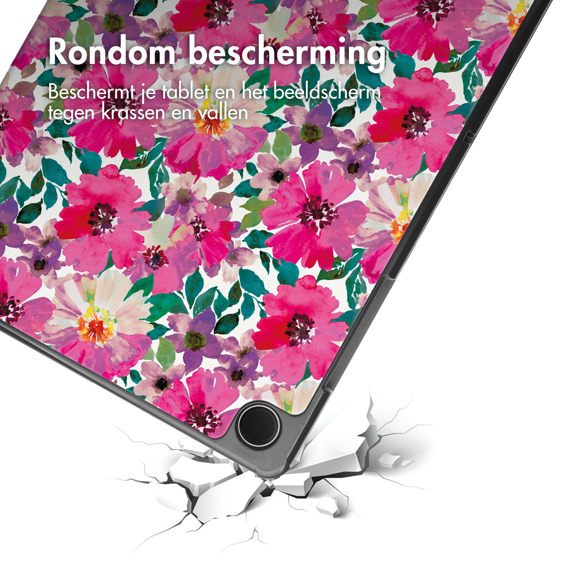Tablet case with floral print. It's on the floor, with cracks.