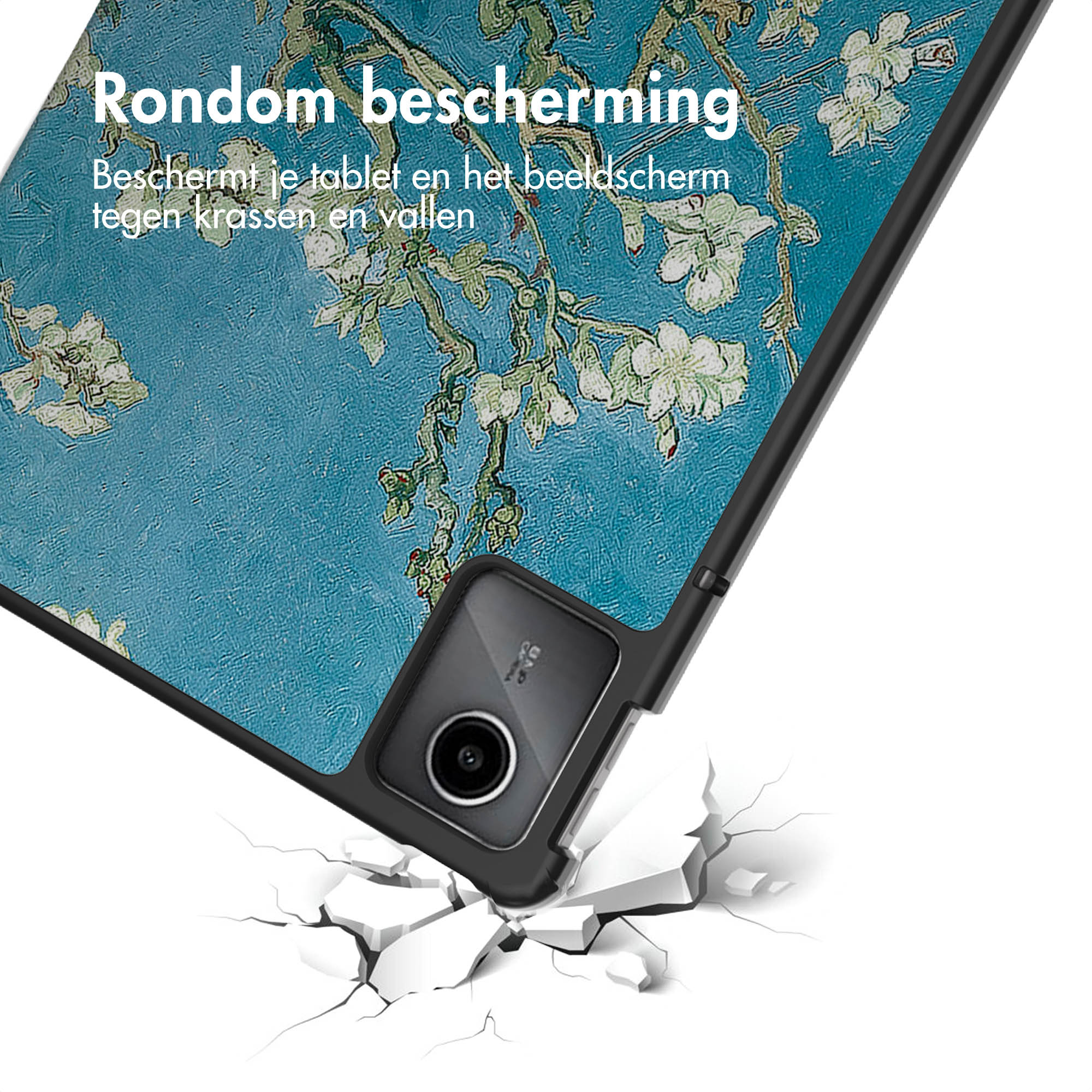 A tablet with a protective case against a background, with a floral design.