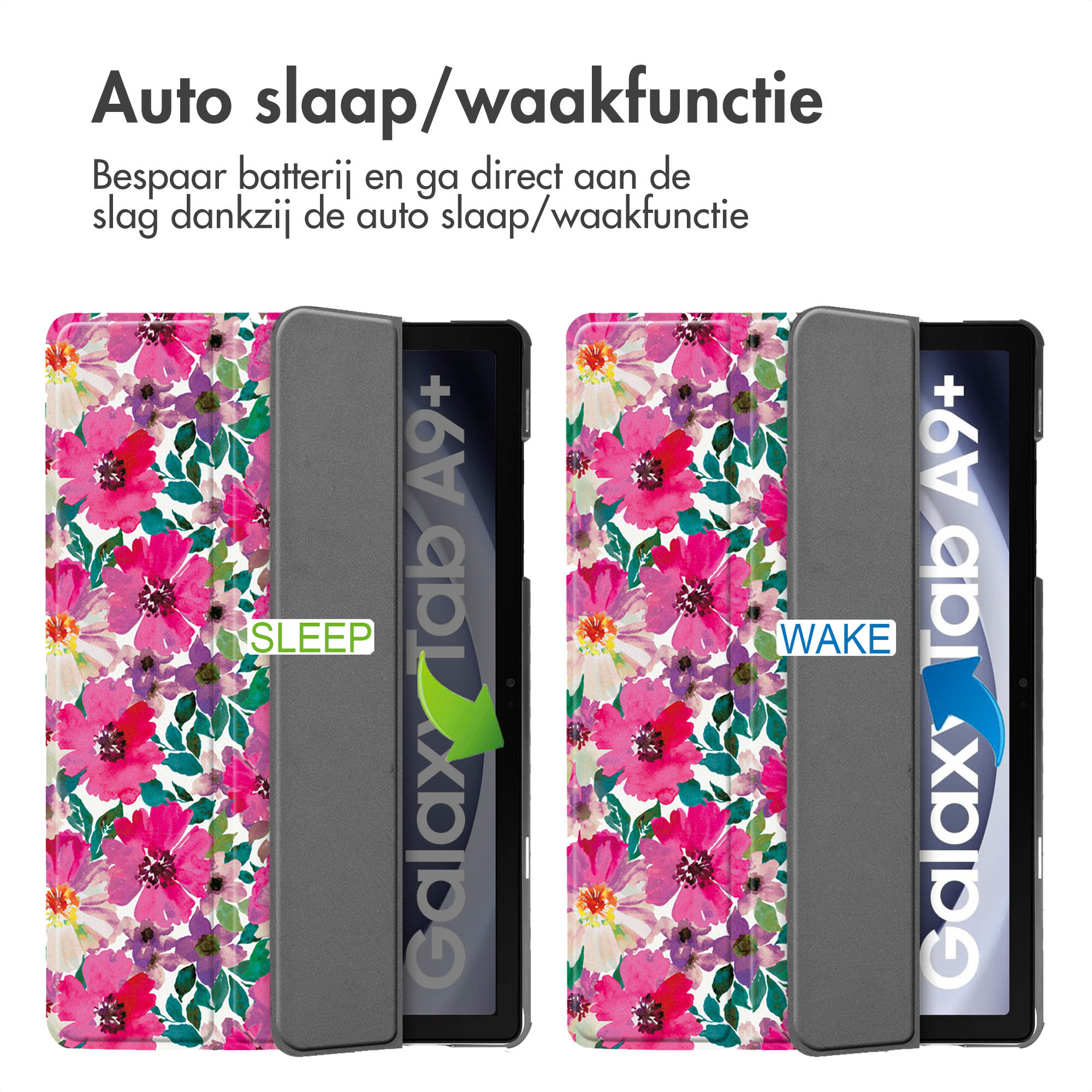 Tablet case with two positions, open and closed. Text: Sleep, Wake. Tablet: Galaxy Tab A9+.