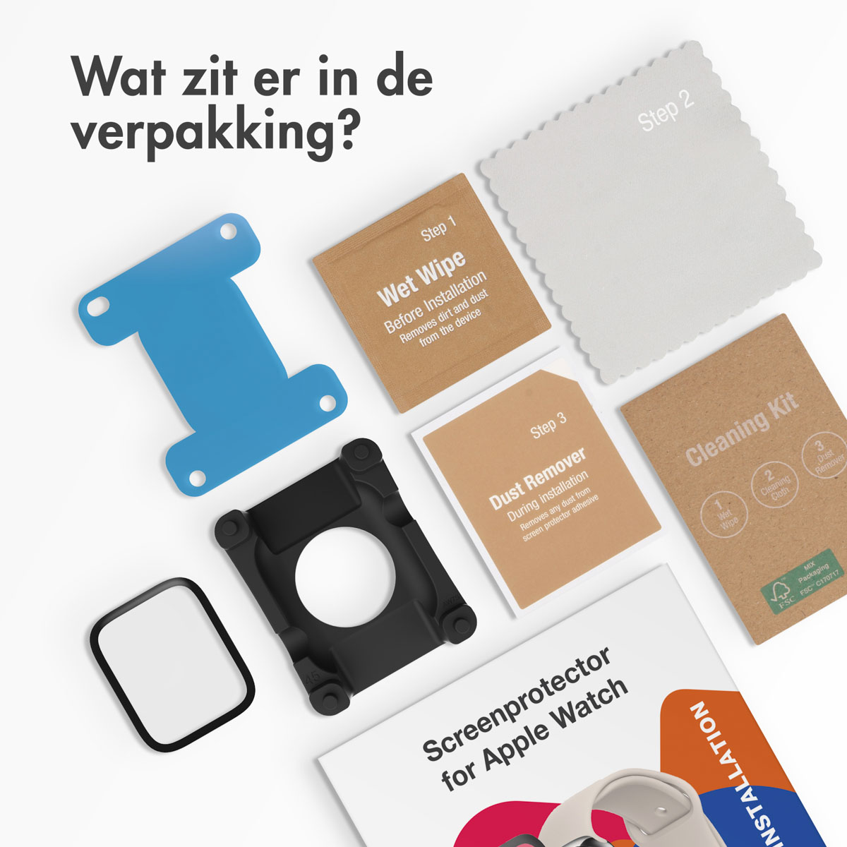 Items for screen protector application: wipes, dust remover, cleaning kit, and screen protector.