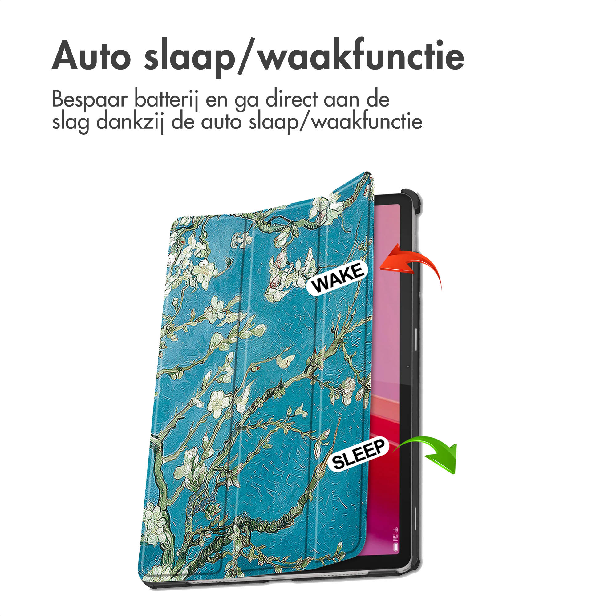 An open tablet case with a floral design. Arrows indicate sleep and wake functions.