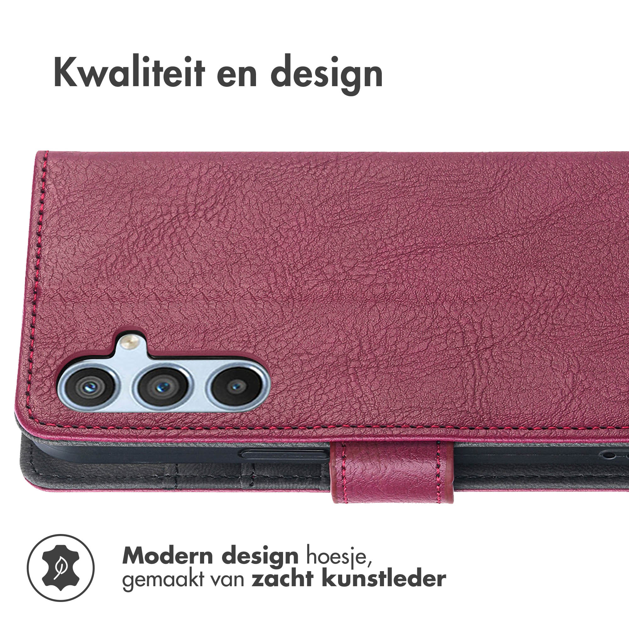Burgundijnse kunstlederen telefoonhoes met stiksels en camera-uitsparing.