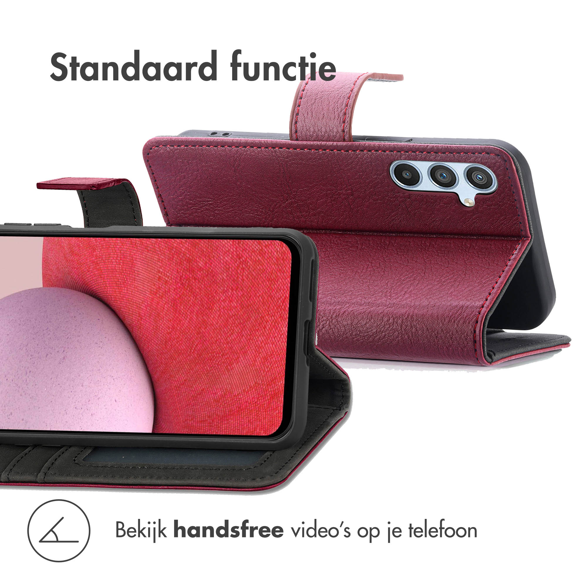Een rode leren flip case voor een smartphone, staand rechtop.