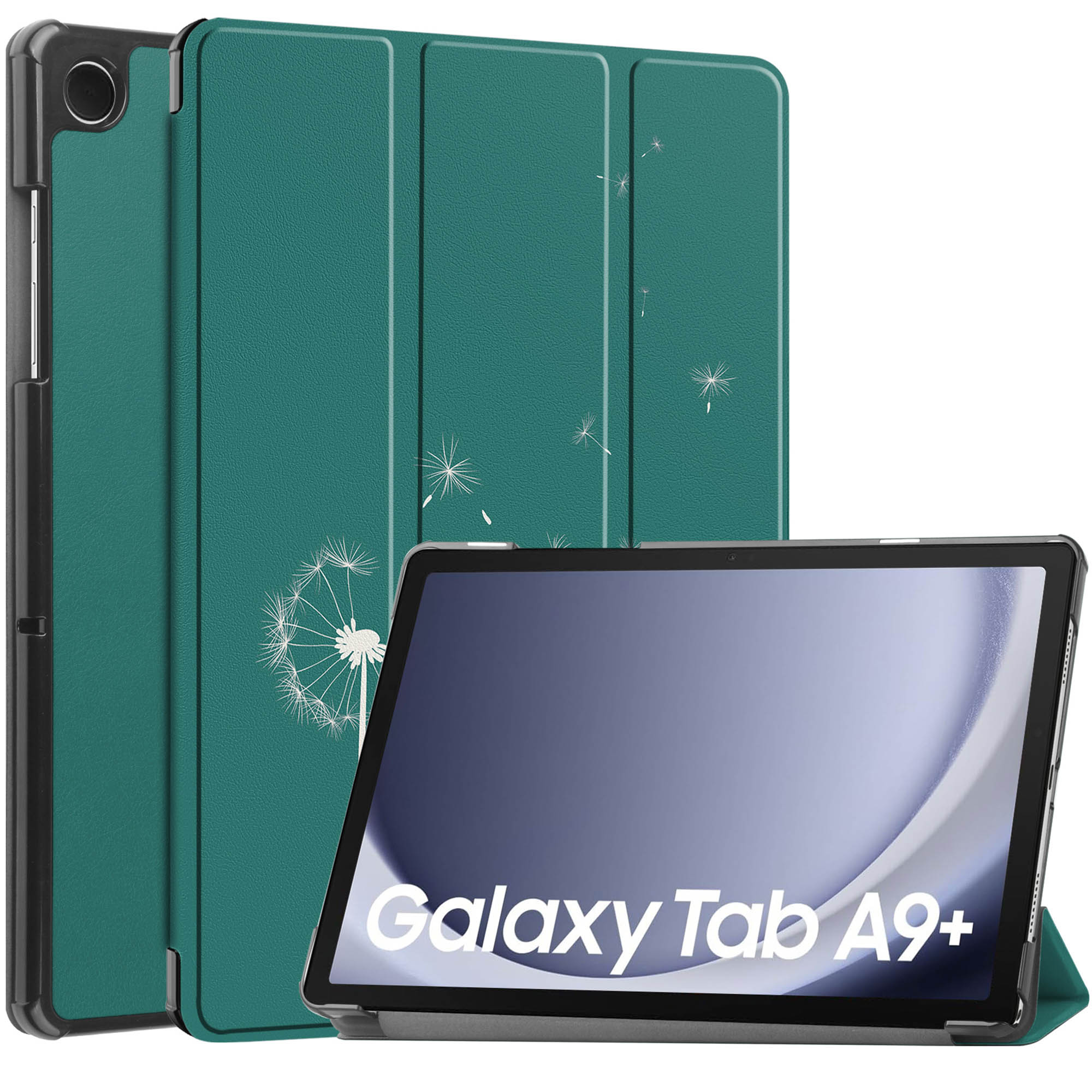 Tablet in een open groene hoes met een paardenbloemontwerp, met het scherm van de Galaxy Tab A9+.