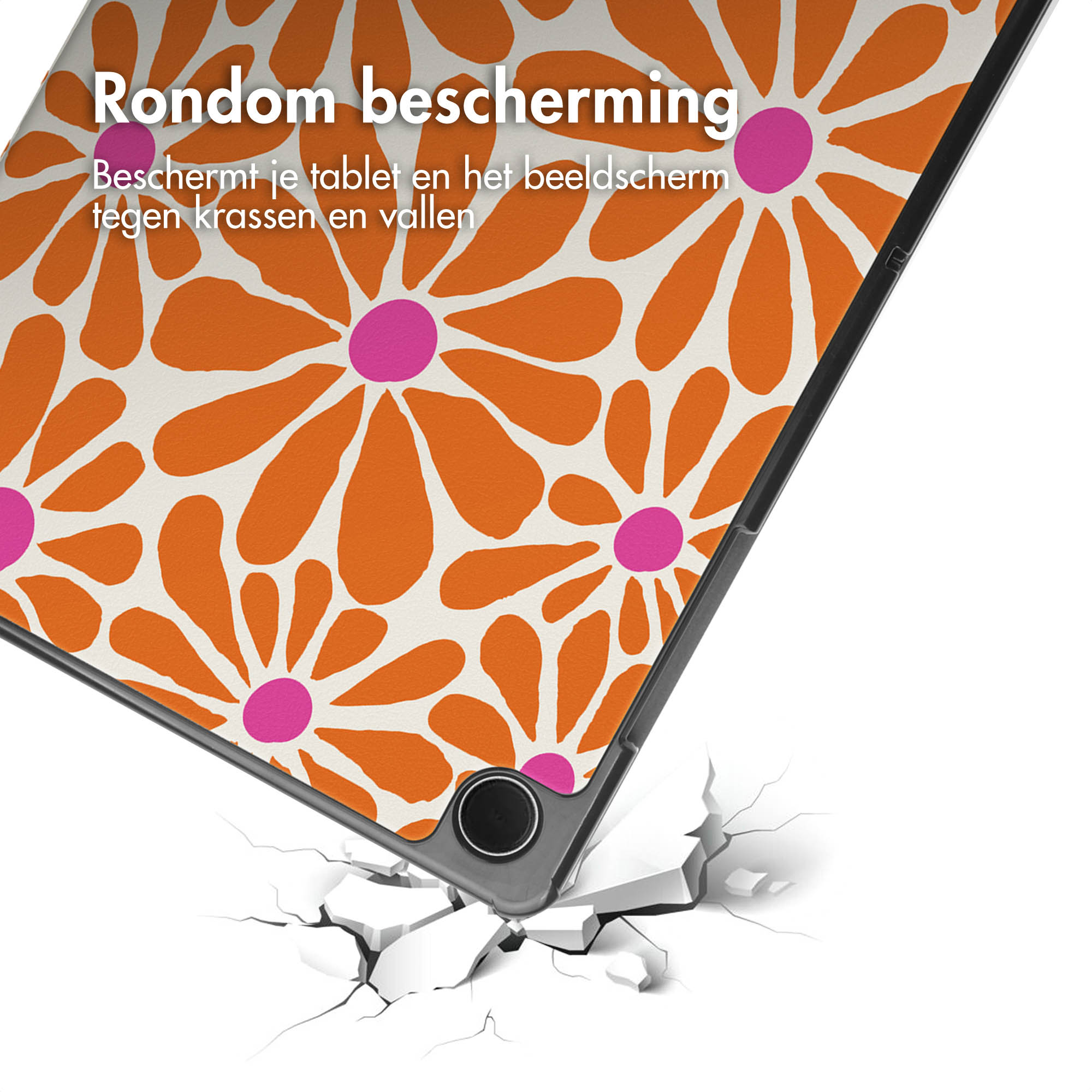 Tablette avec étui à fleurs oranges. L'étui se fissure sur le sol. L'écran est vide.